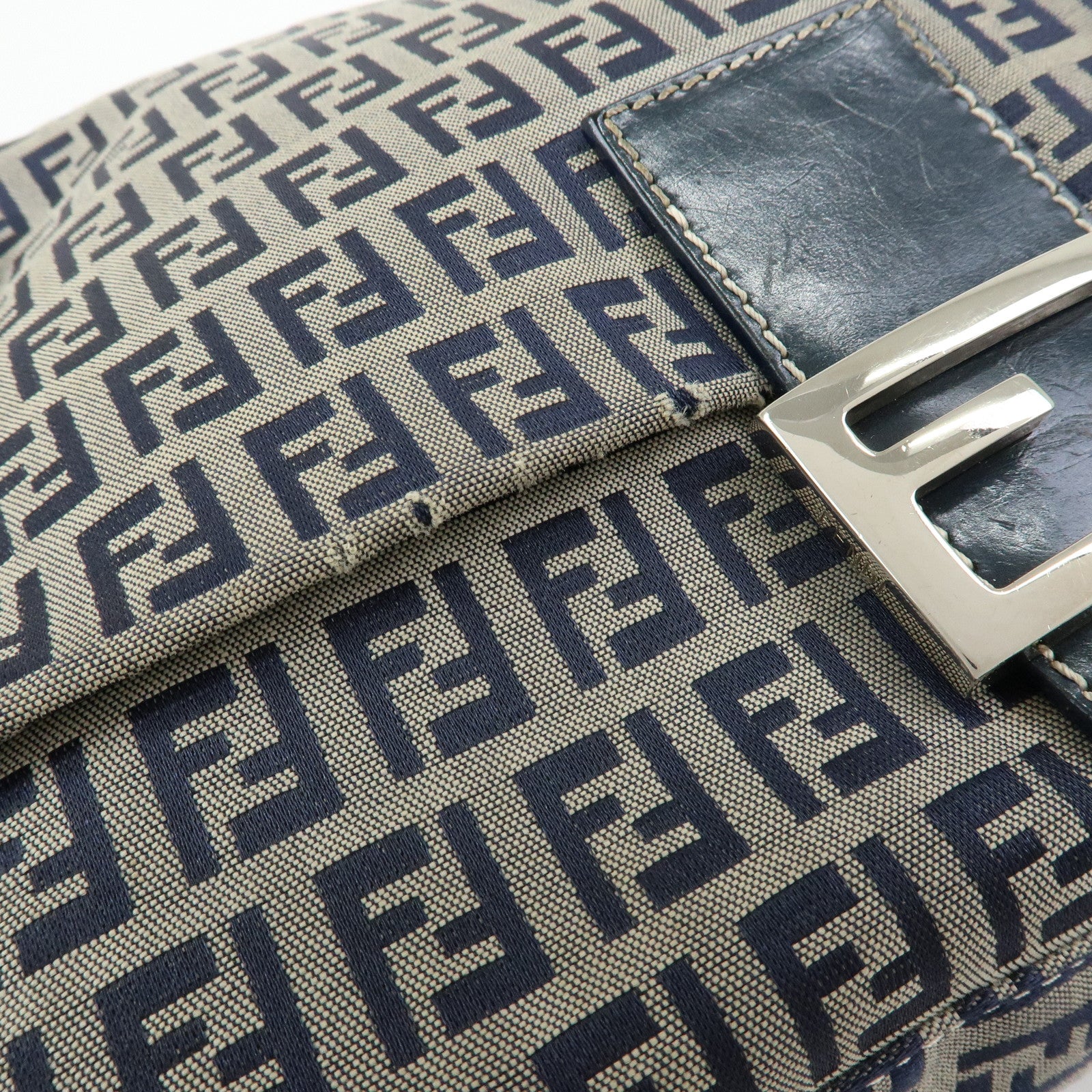 FENDI Mamma Baguette Zucchino Canvas Shoulder Bag Navy 26325