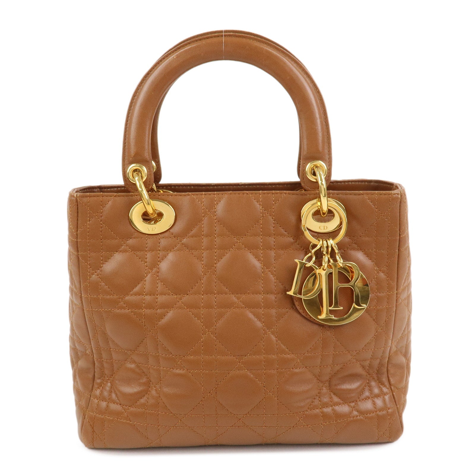Christian Dior Canage Lady Dior Lamb Skin Hand Bag Tote Bag Brown