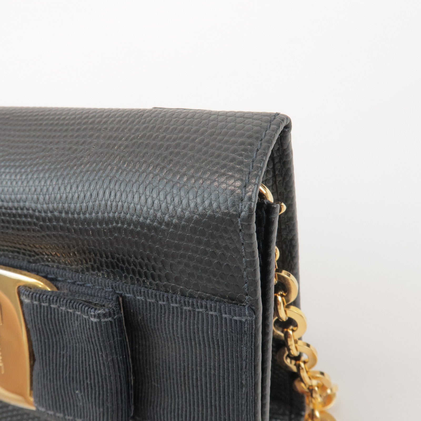 Ferragamo Vara Ribbon Embossed Leather Chain Shoulder Bag Navy