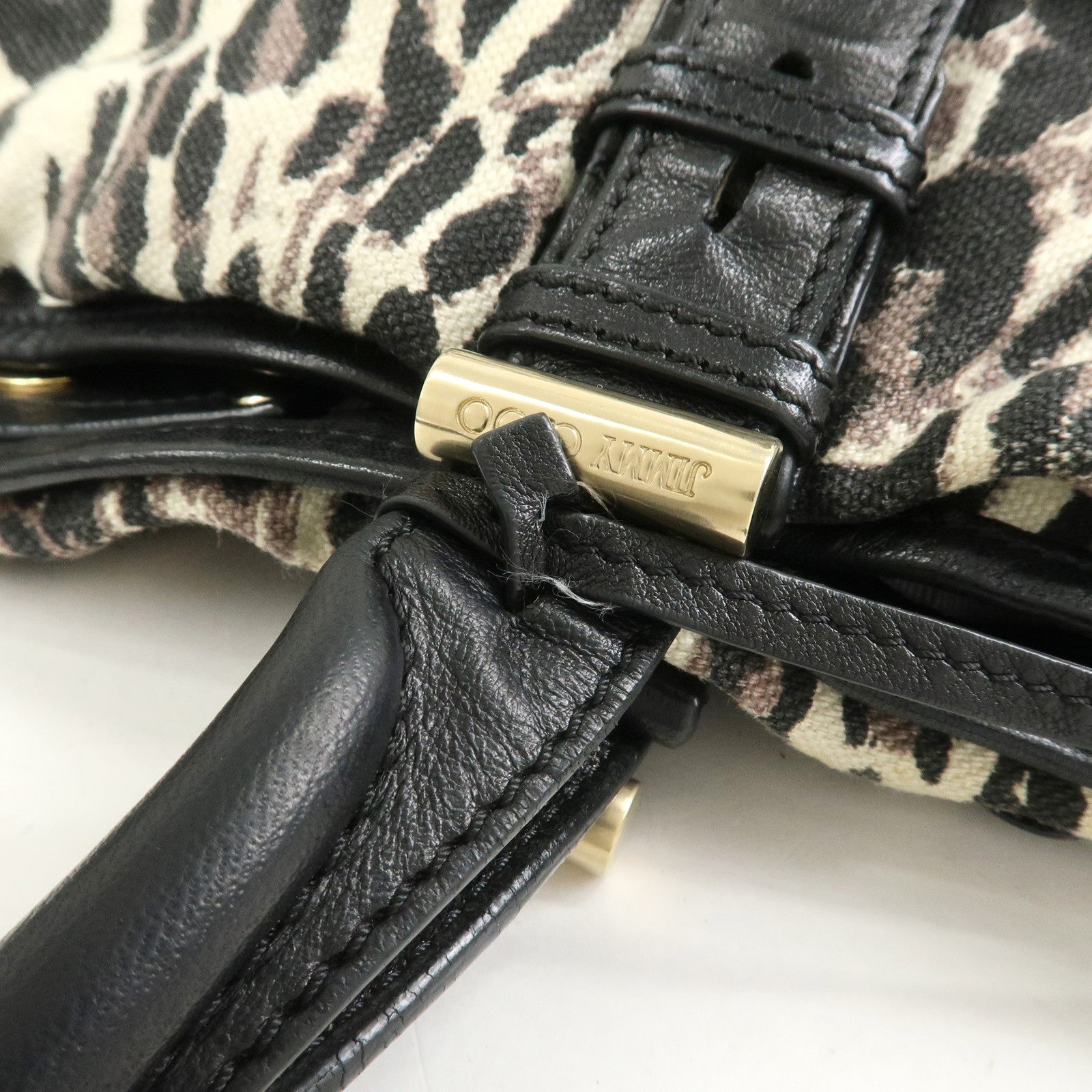 JIMMY CHOO Leopard Canvas Leather Tote Bag Shoulder Bag Ivory Black