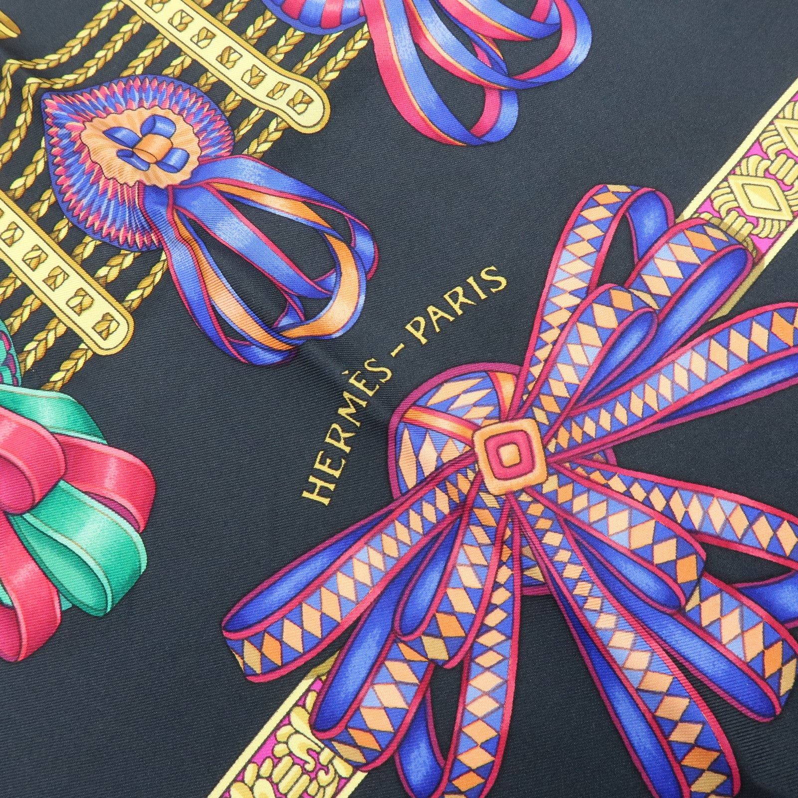 HERMES Carre 90 Silk 100% Scarf LES RUBANS DU CHEVAL Black Gold