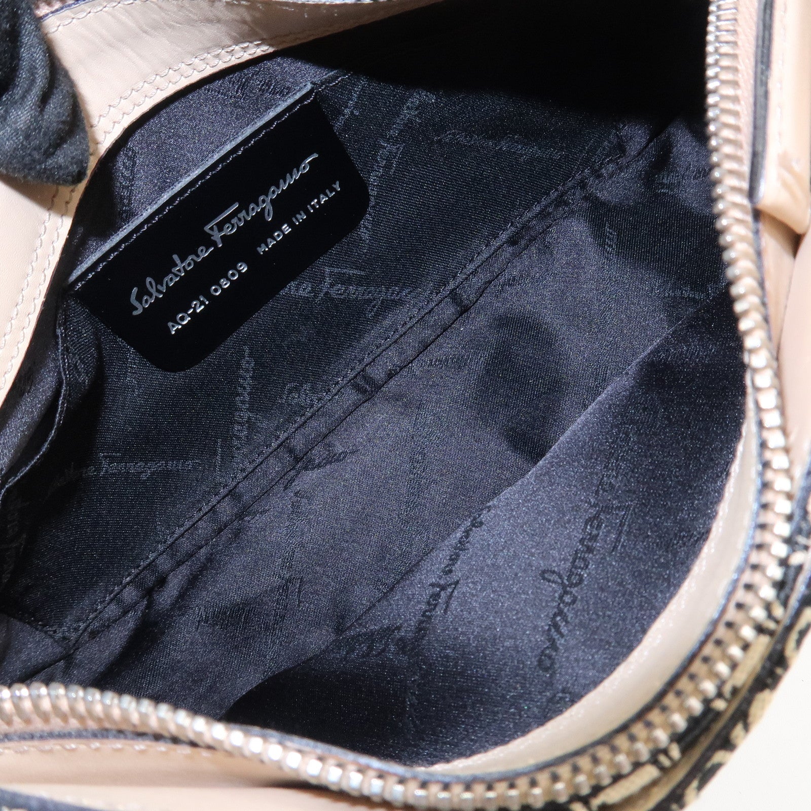 Ferragamo Gancini Canvas Leather Shoulder Bag Hand Bag Beige Black