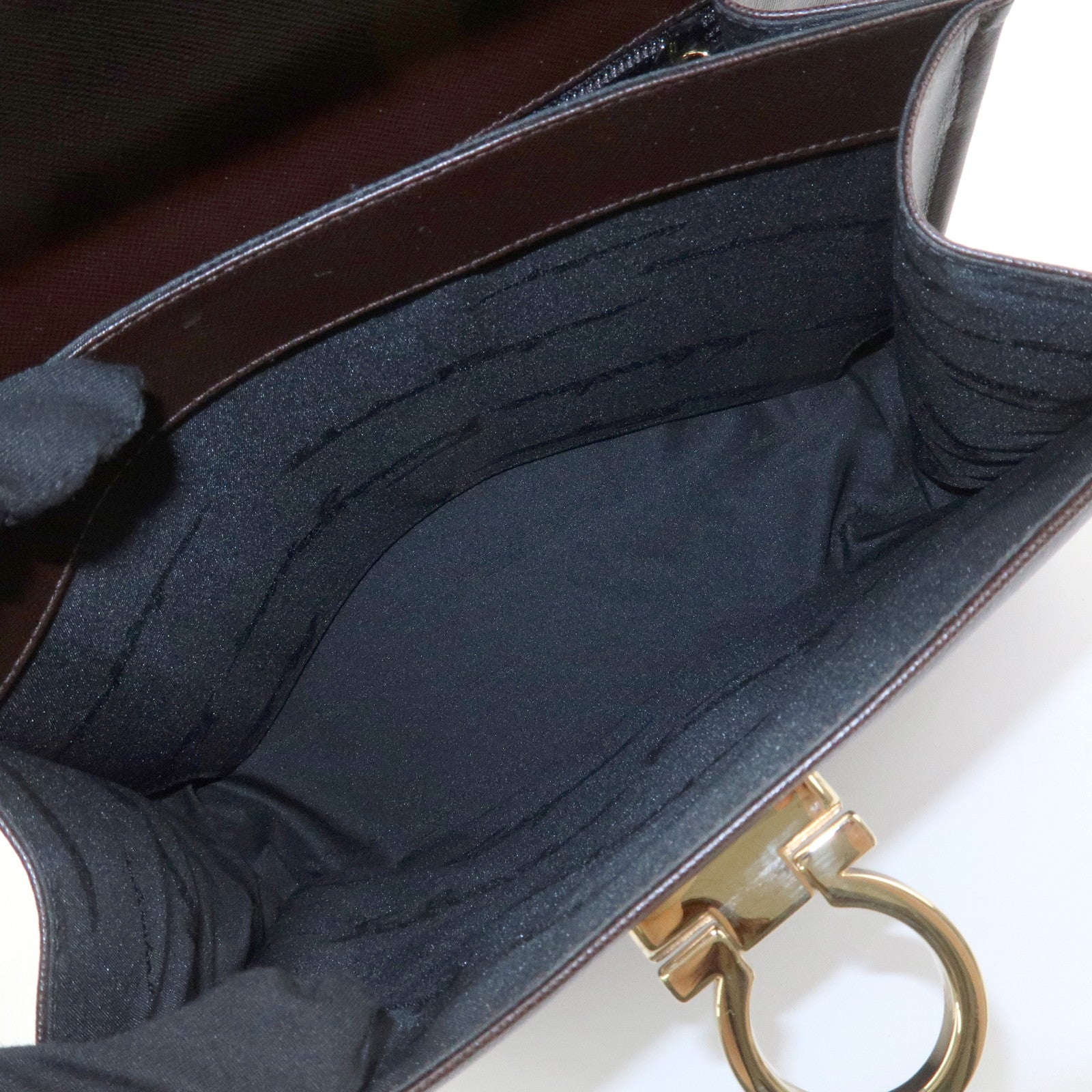 Ferragamo Gancini Leather 2Way Bag Hand Bag Shoulder Bag Dark Brown