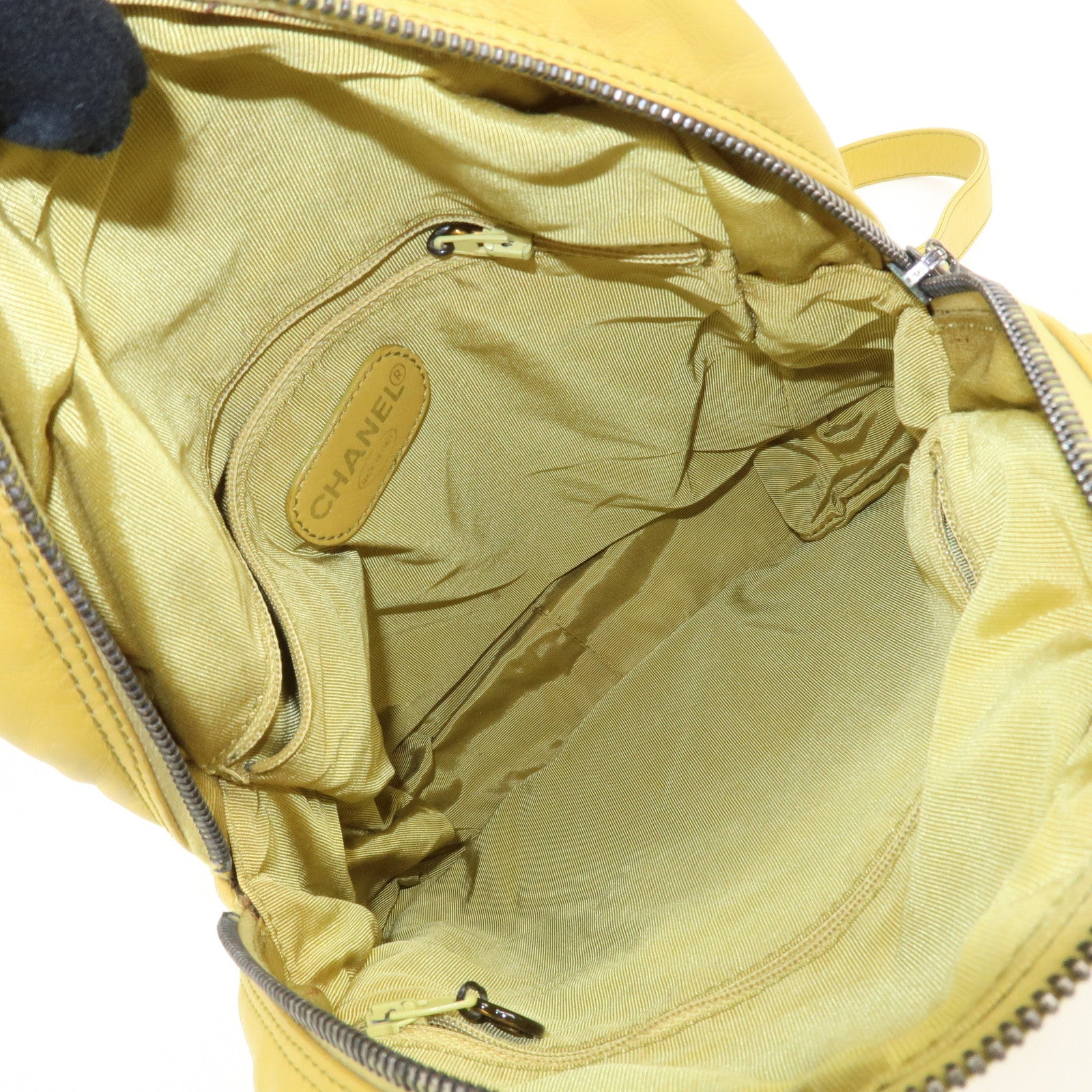 CHANEL COCO Mark Lamb Skin Back Pack Ruck Suck Yellow