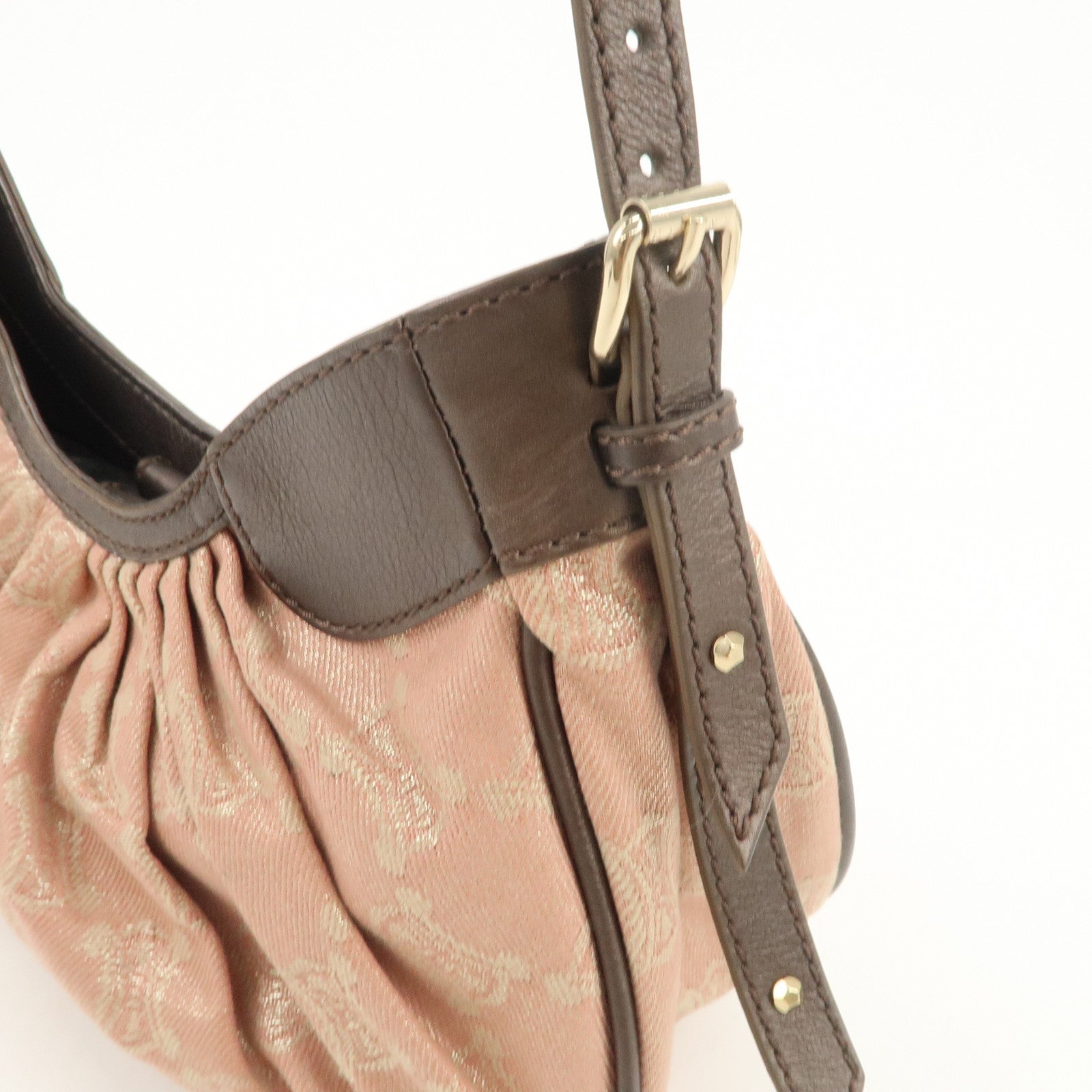 CELINE Macadam Canvas Leather Nylon Velour Shoulder Bag Pink Brown