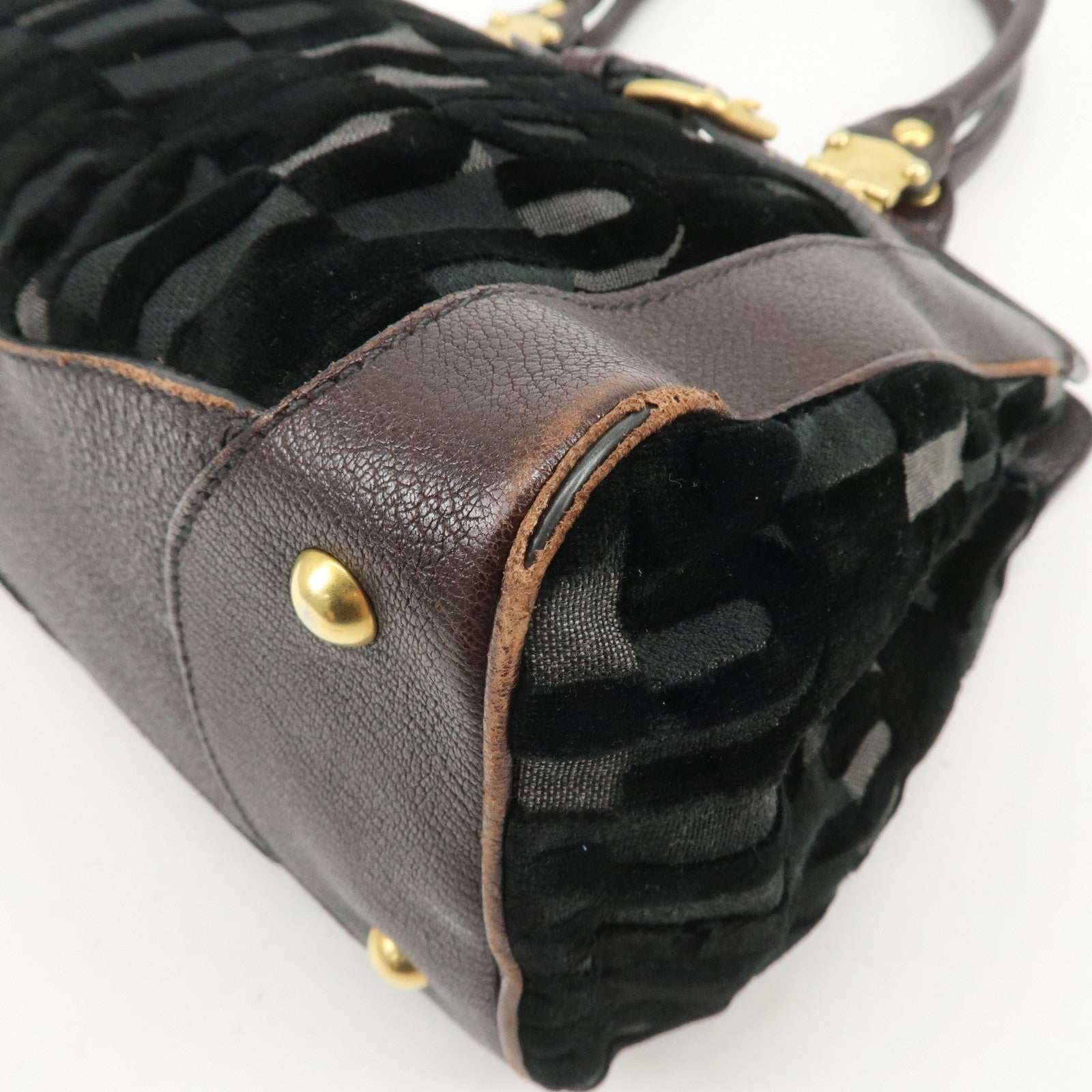 MIU MIU Logo Velour Leather Shoulder Bag Black Brown