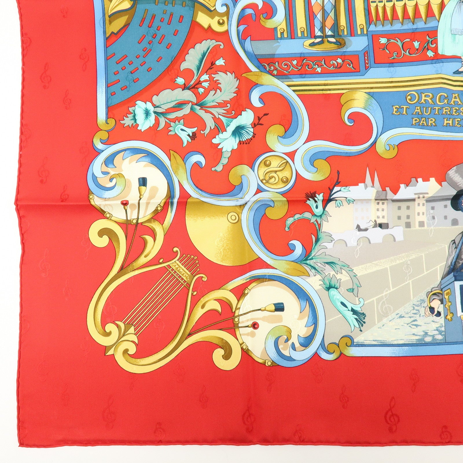 HERMES Carre 90 Silk 100% ORGAUPHONE ETAUTRES MECANIQUES Scarf Red