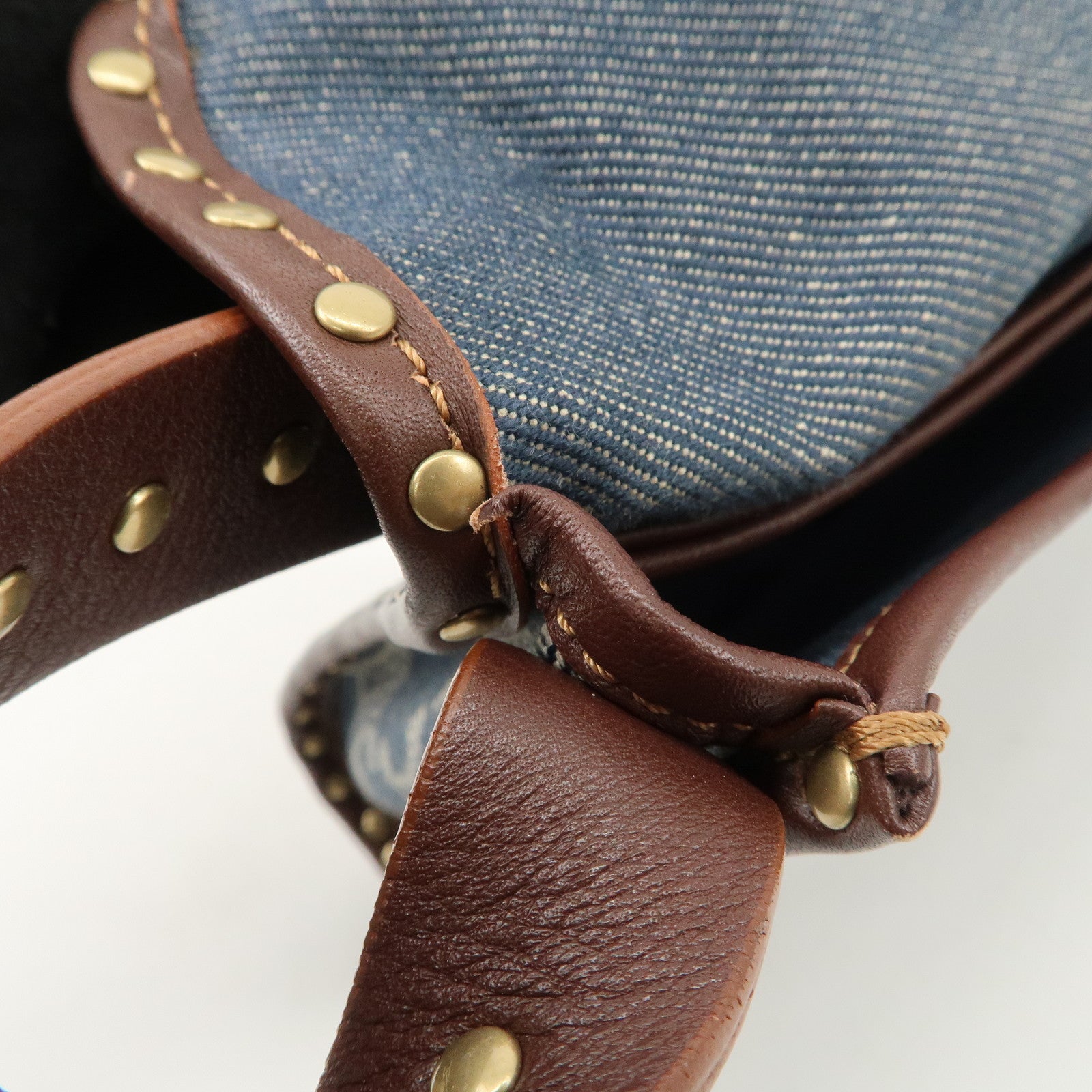 CELINE Macadam Studs Denim Leather Shoulder Bag Dark Brown Navy Used