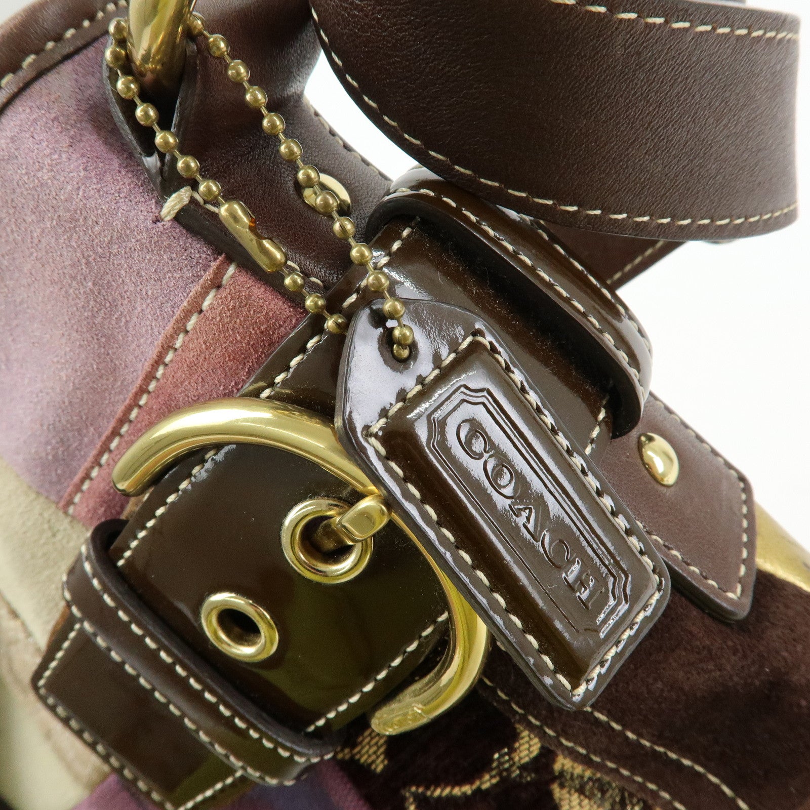 COACH Signature Suede Patent Leather Shoulder Bag Brown Patchwork