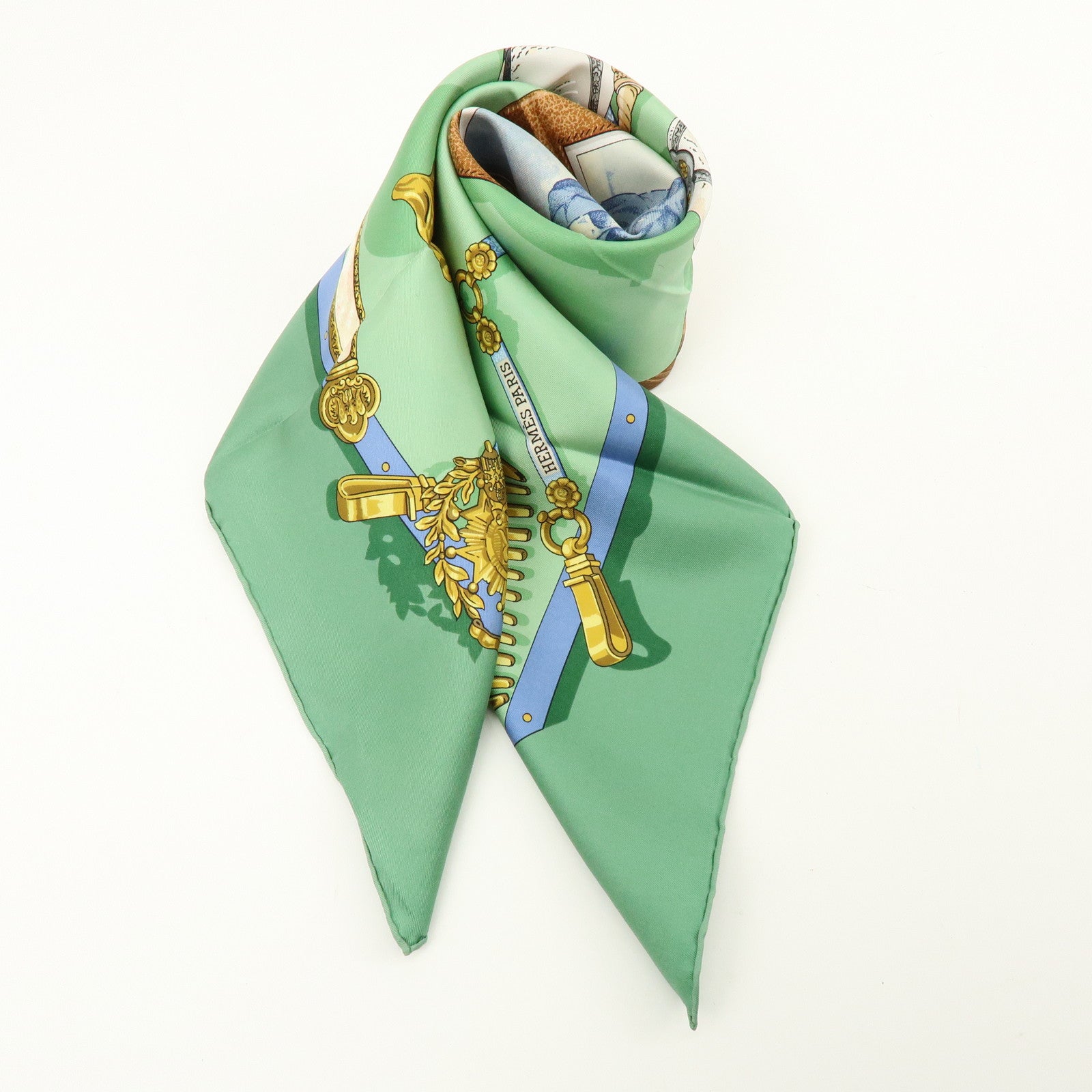 HERMES Carre 90 Silk 100% Memoire d'Hermes Scarf Green Brown Gold