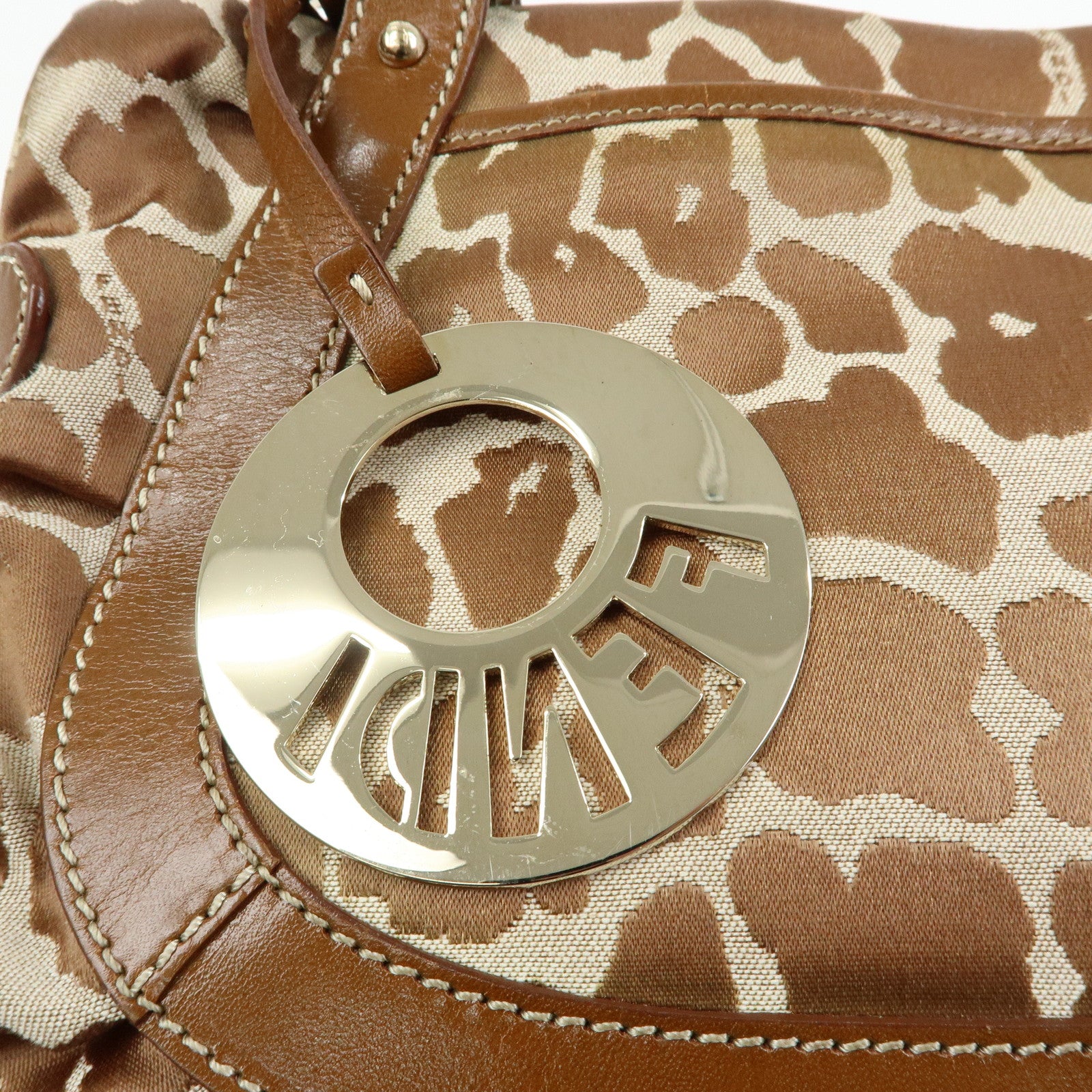 FENDI Canvas Leather Tote Bag Hand Bag Animal Print Brown 8BR628