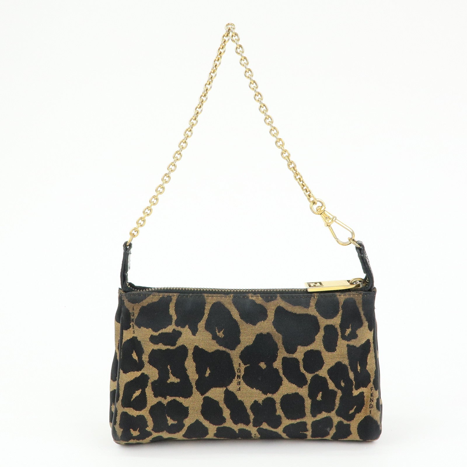 FENDI Canvas Leather Leopard Chain Hand Bag Brown Black 8M0264