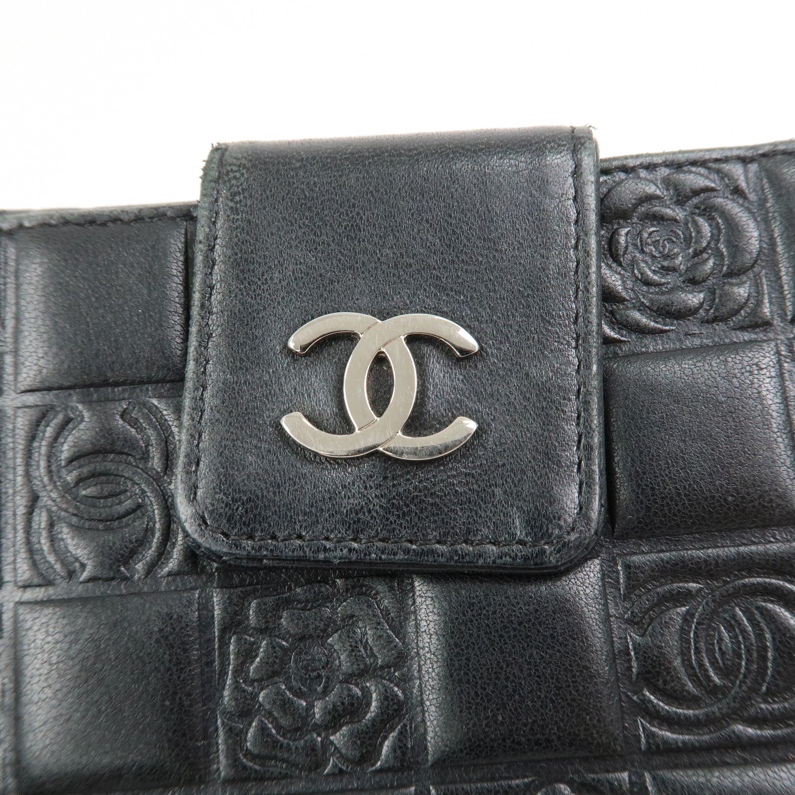 CHANEL Icon Line Lamb Skin W Flap Bi-fold Wallet Black A24212