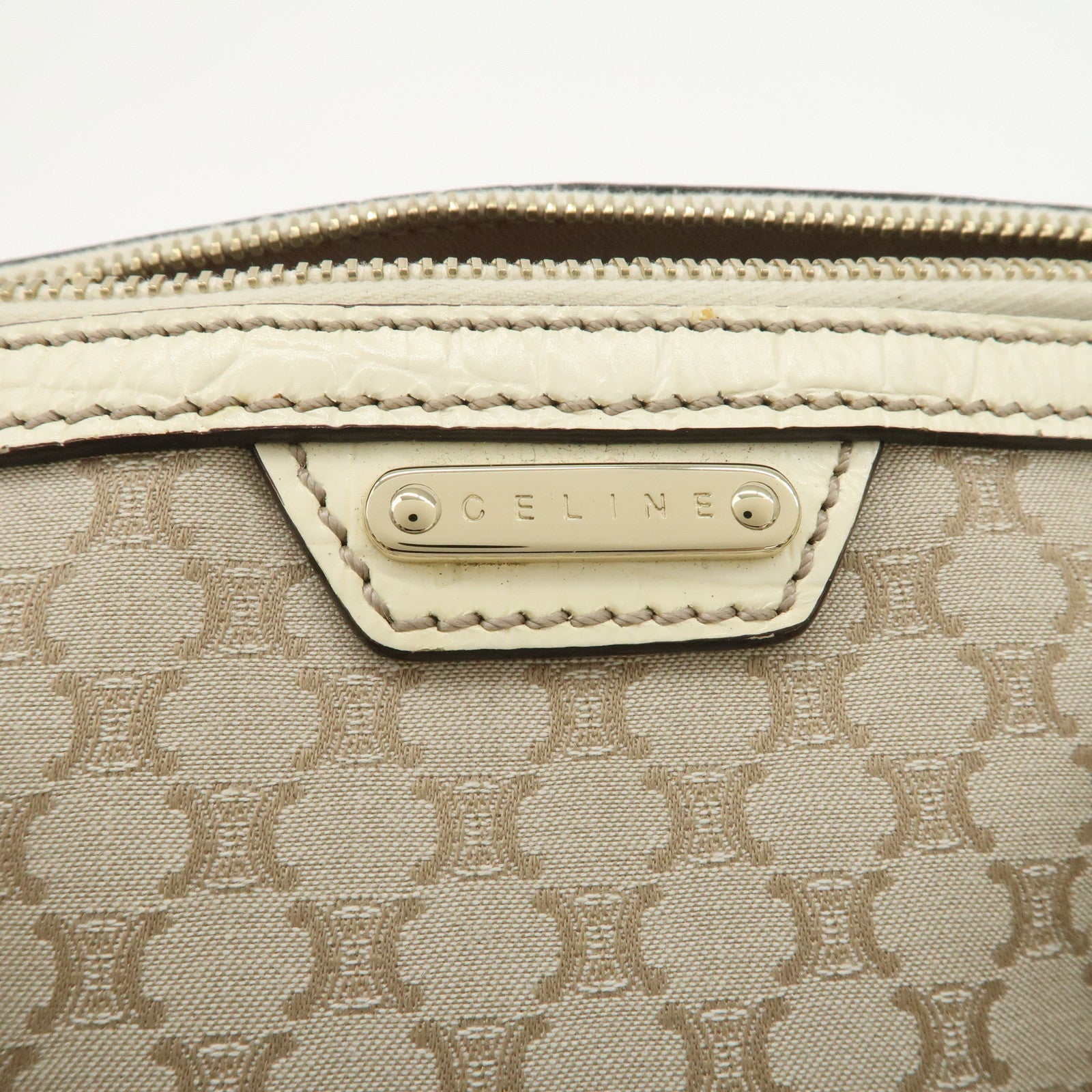 CELINE Macadam Canvas Leather Boston Bag Hand Bag Beige Ivory