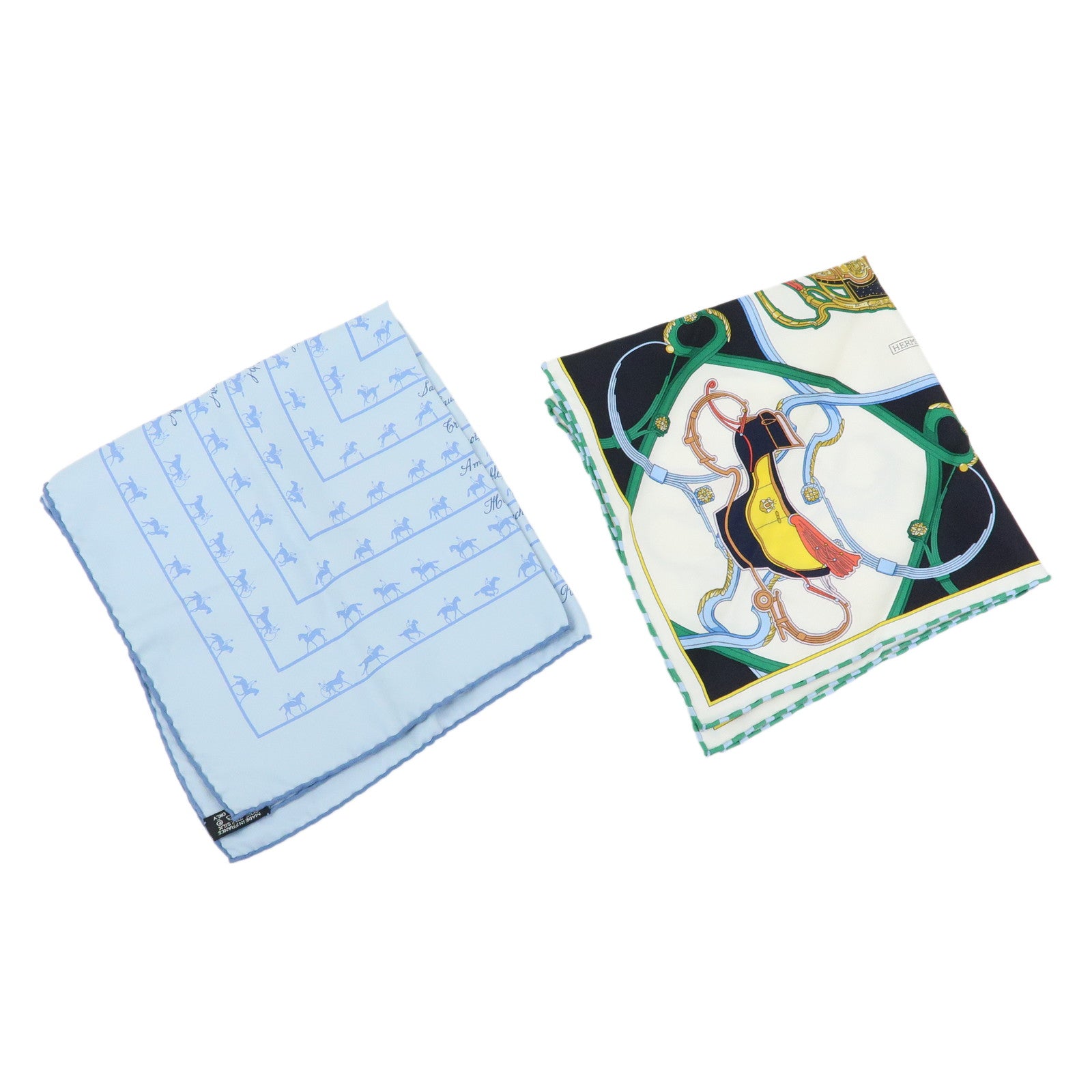 HERMES Petit Carre 42 Set of 2 Silk 100% Scarf Light Blue Black