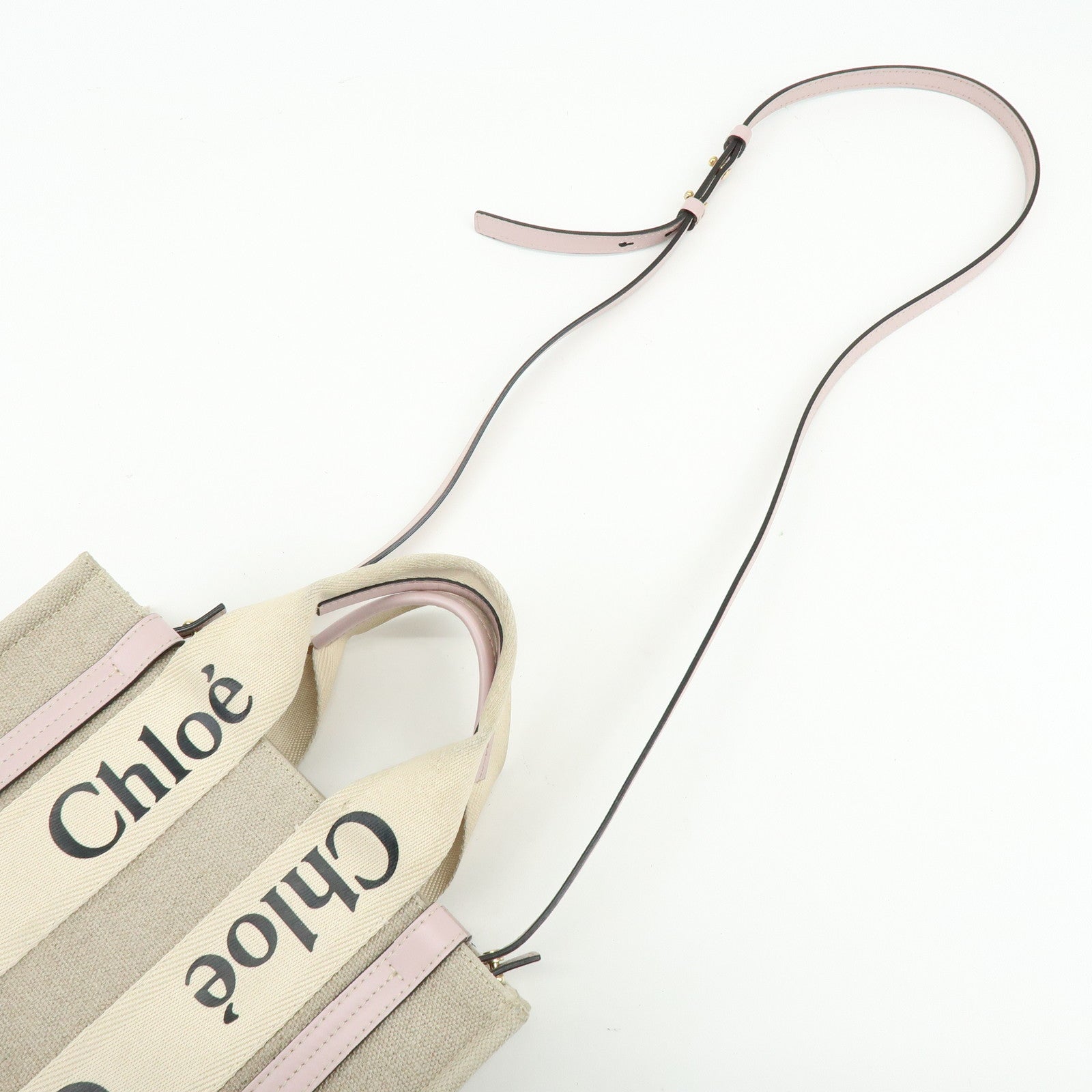 Chloe Woody Canvas Leather 2Way Bag Shoulder Bag Natural Pink