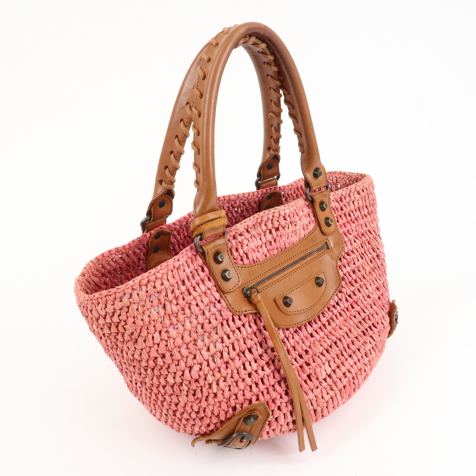 BALENCIAGA Straw Tote Bag Shoulder Bag Brown Pink 236741 Used
