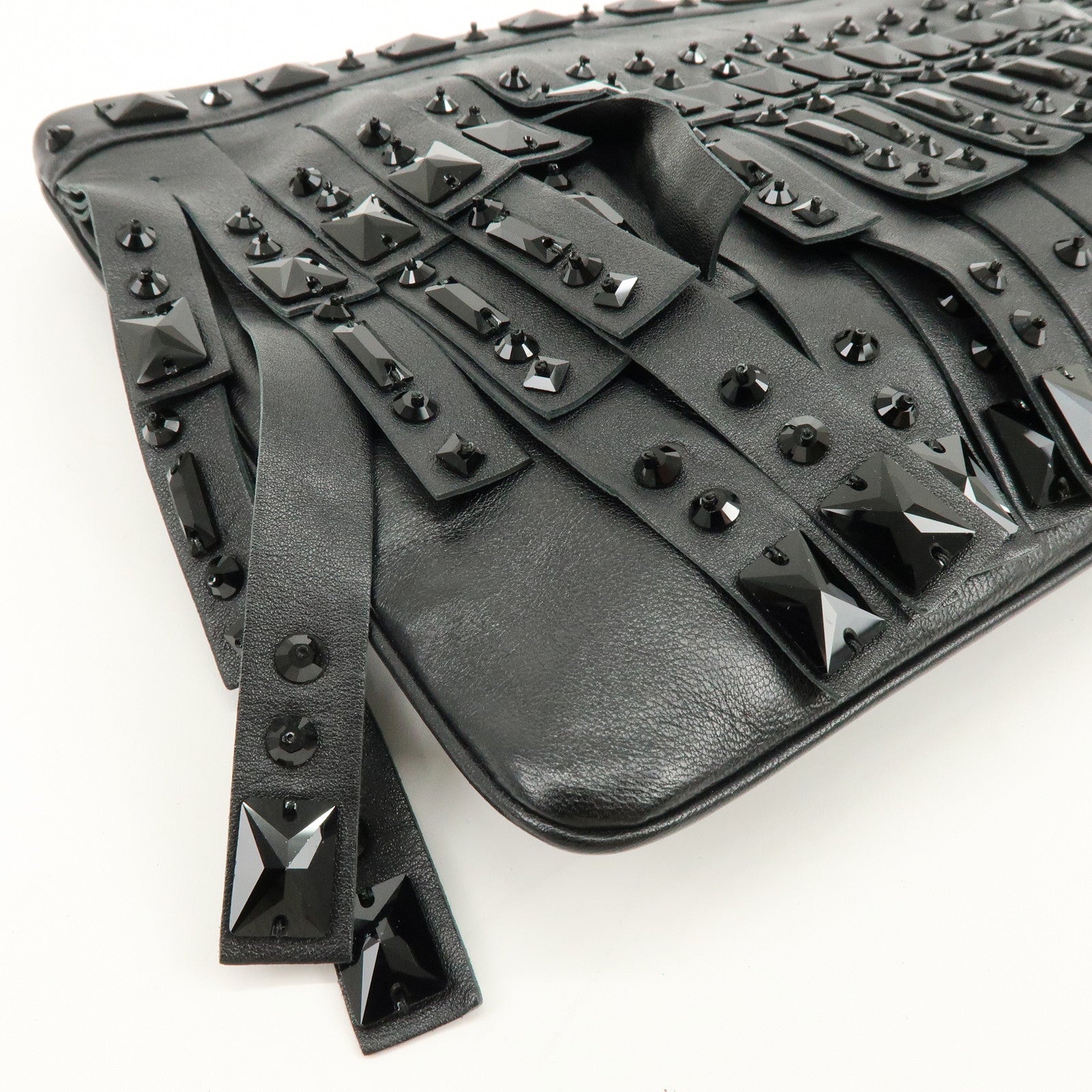 PRADA Canvas Leather Fringe Bijoux Clutch Bag Pouch Black