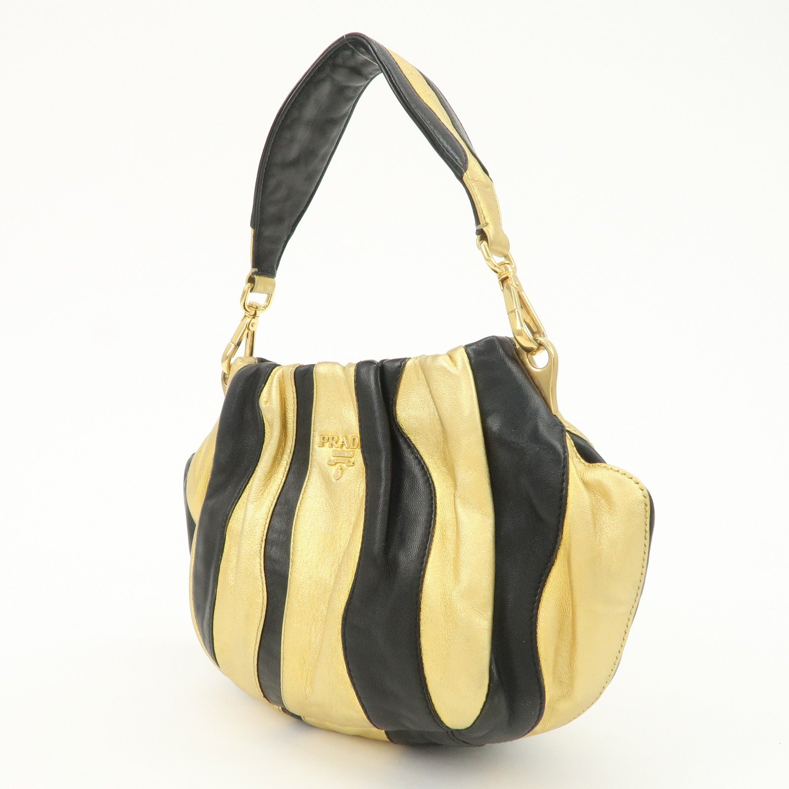 PRADA Leather Hand Bag Black Gold Hardware