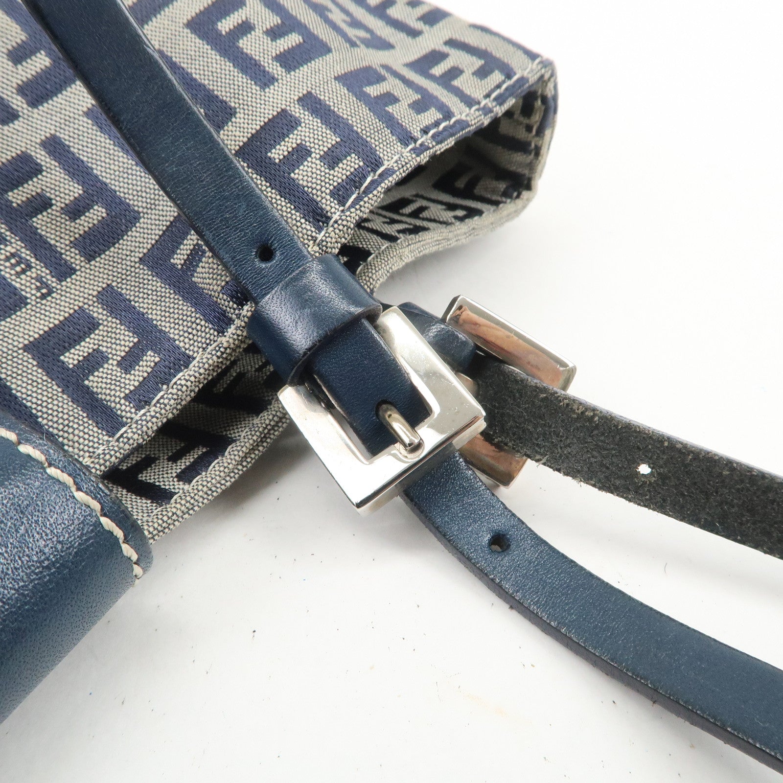 FENDI Zucchino Canvas Leather Tote Bag Shoulder Bag Navy Gray