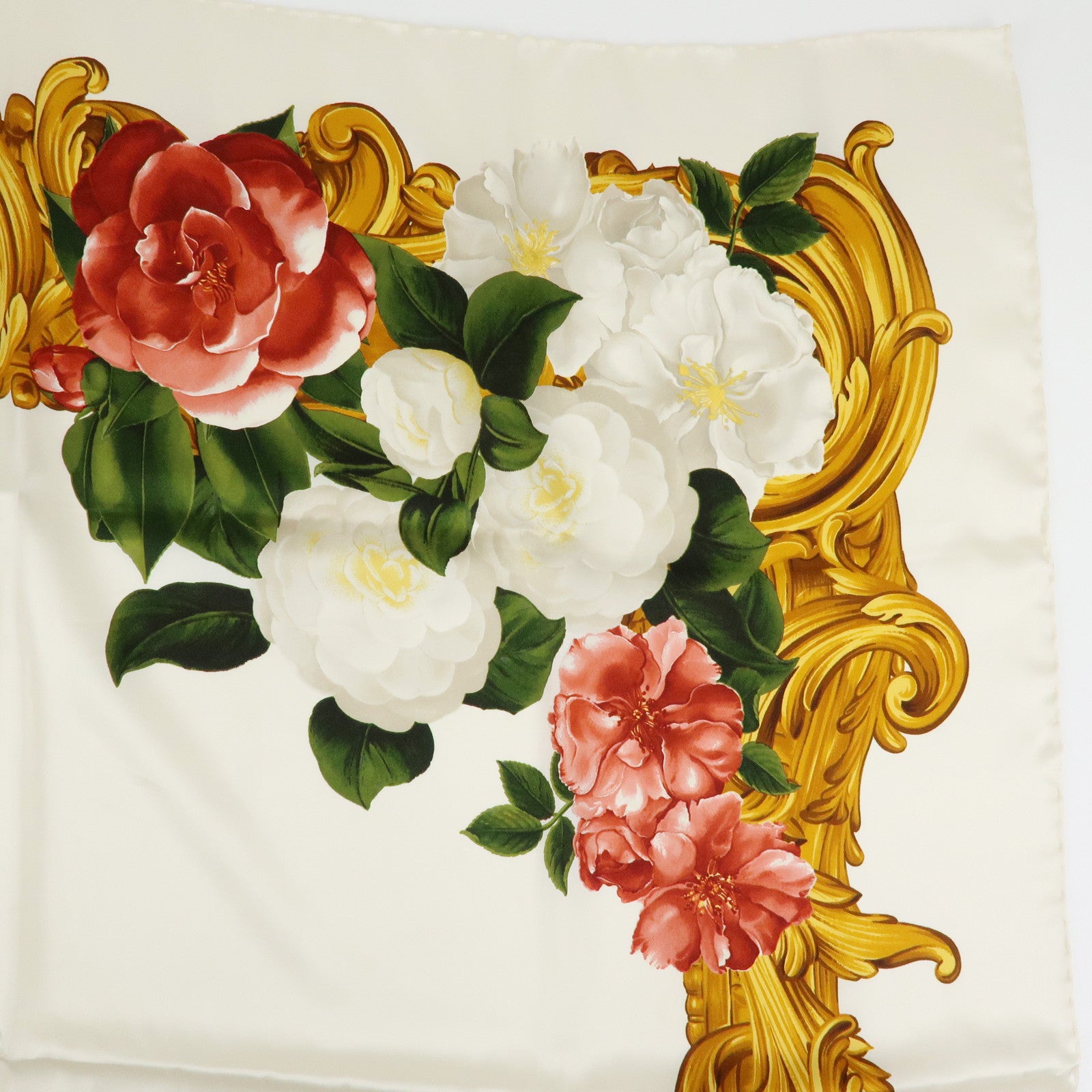 CHANEL Silk 100% Scarf Flower Print White Red Gold