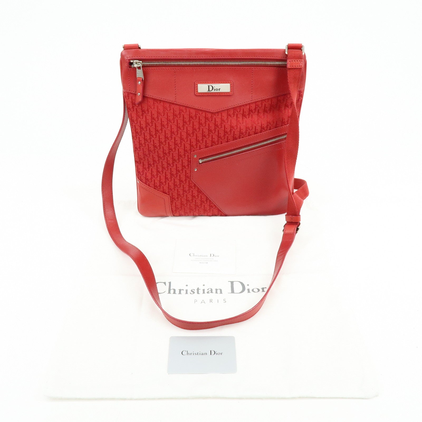 Christian Dior Trotter Jacguard Canvas Leather Shoulder Bag Red