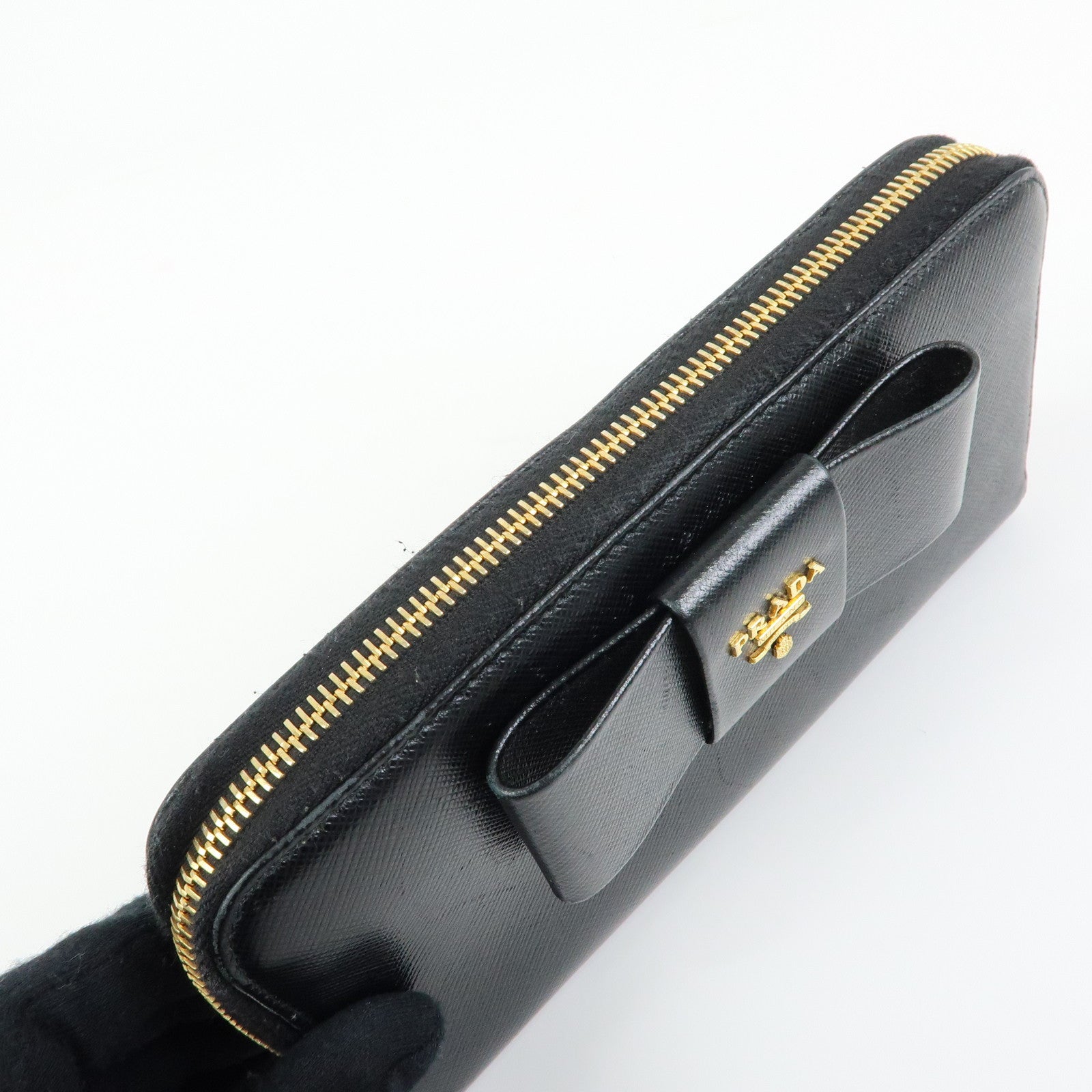 PRADA Logo Saffiano Leather Round Zippy Long Wallet Ribbon 1ML506