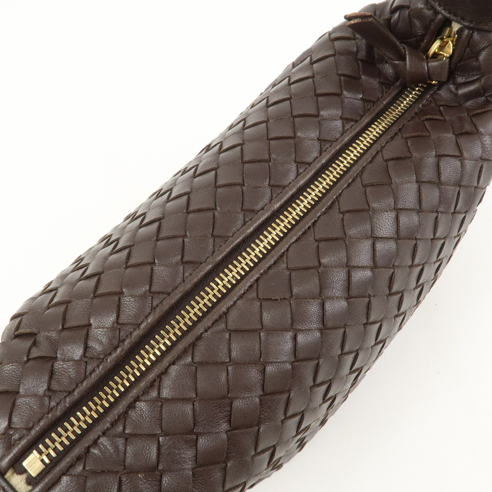 BOTTEGA VENETA Intrecciato Lamb Skin Hand Bag Boston Bag Dark Brown