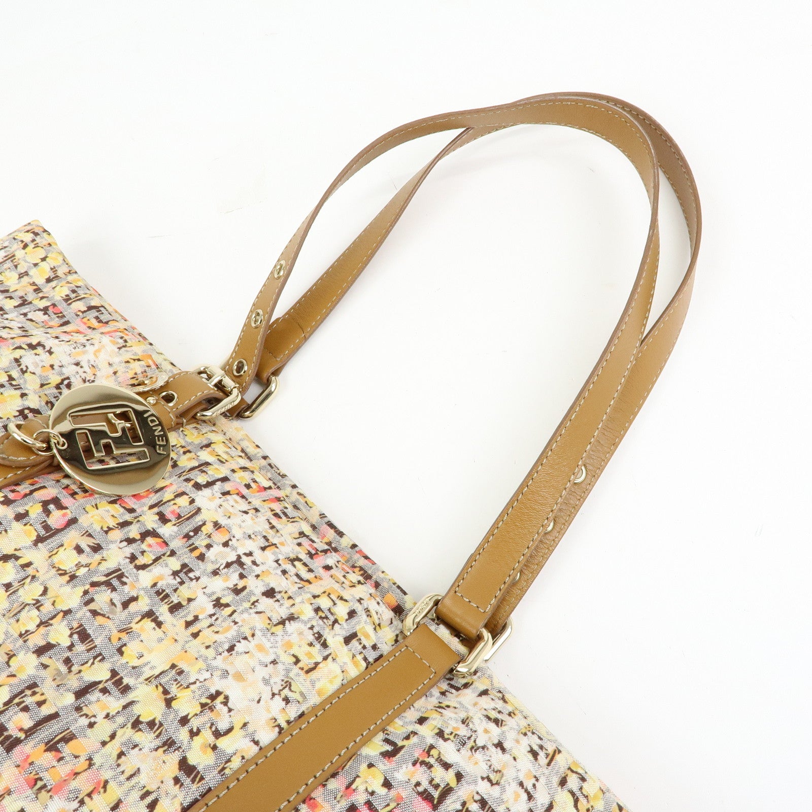 FENDI Zucchino Canvas Leather Flower Print Tote Bag Hand Bag 8BH215