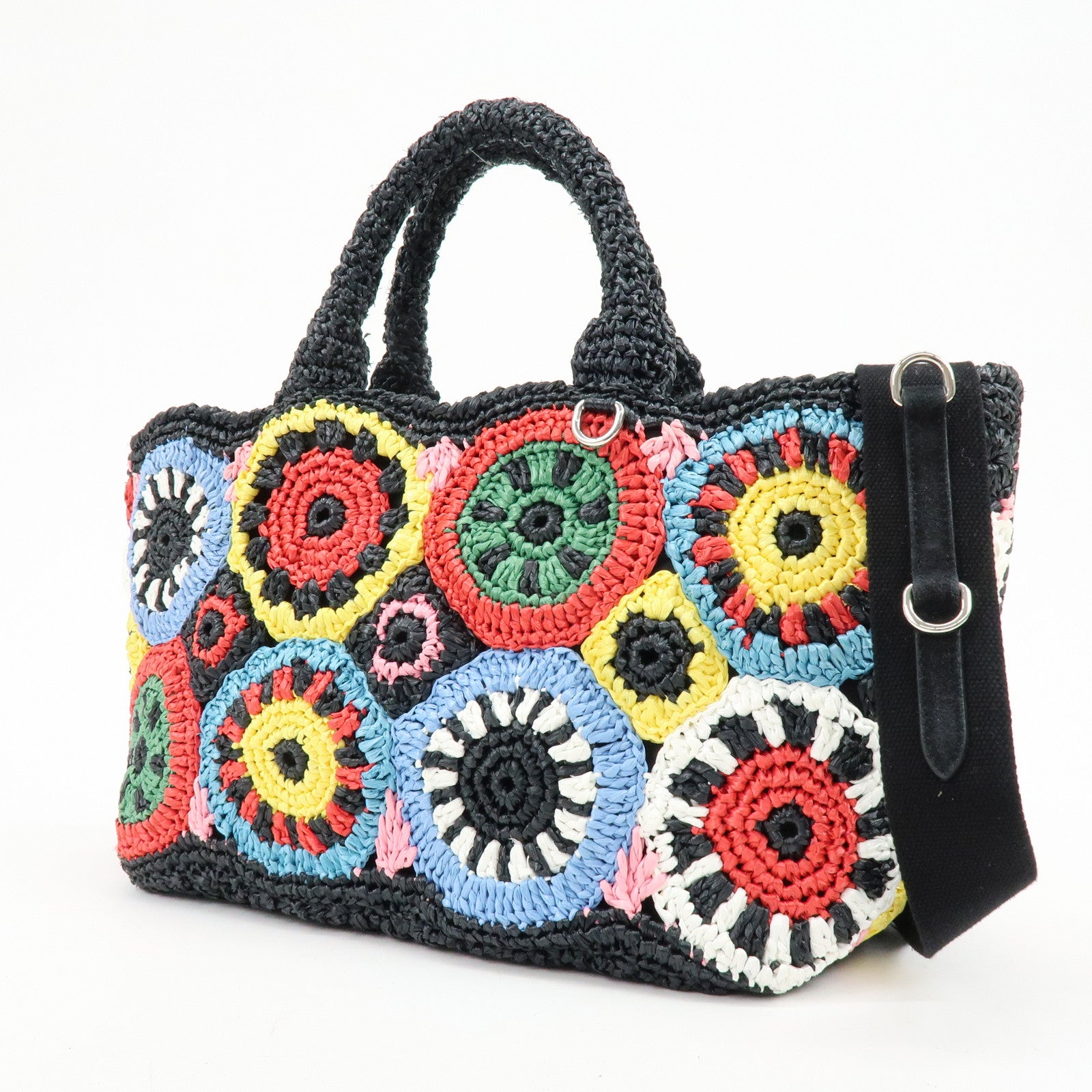 PRADA Triangle Logo Raffia 2Way Hand Bag Black Multicolor 1BG889