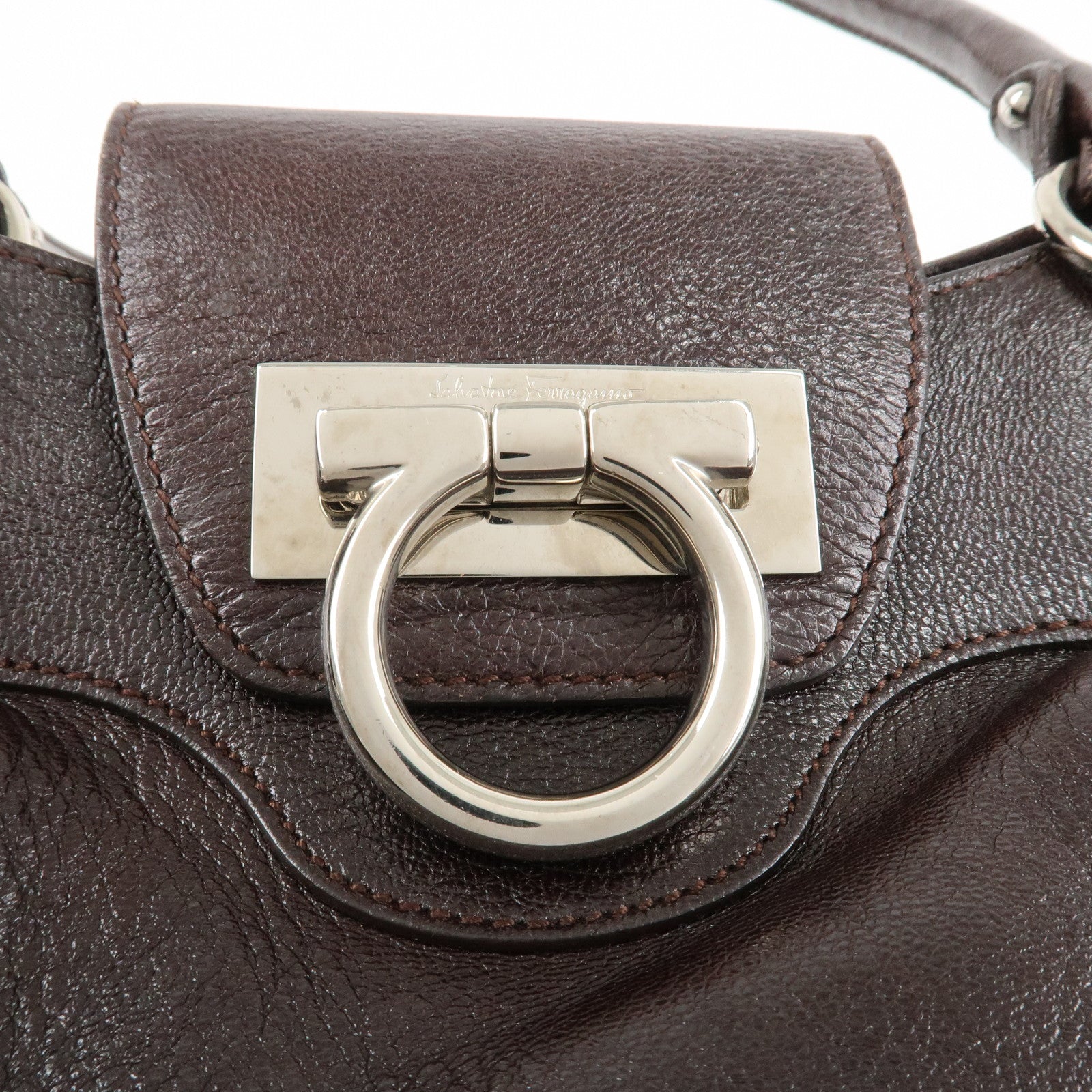 Ferragamo Ganchini Leather Shoulder Bag Hand Bag Dark Brown Used