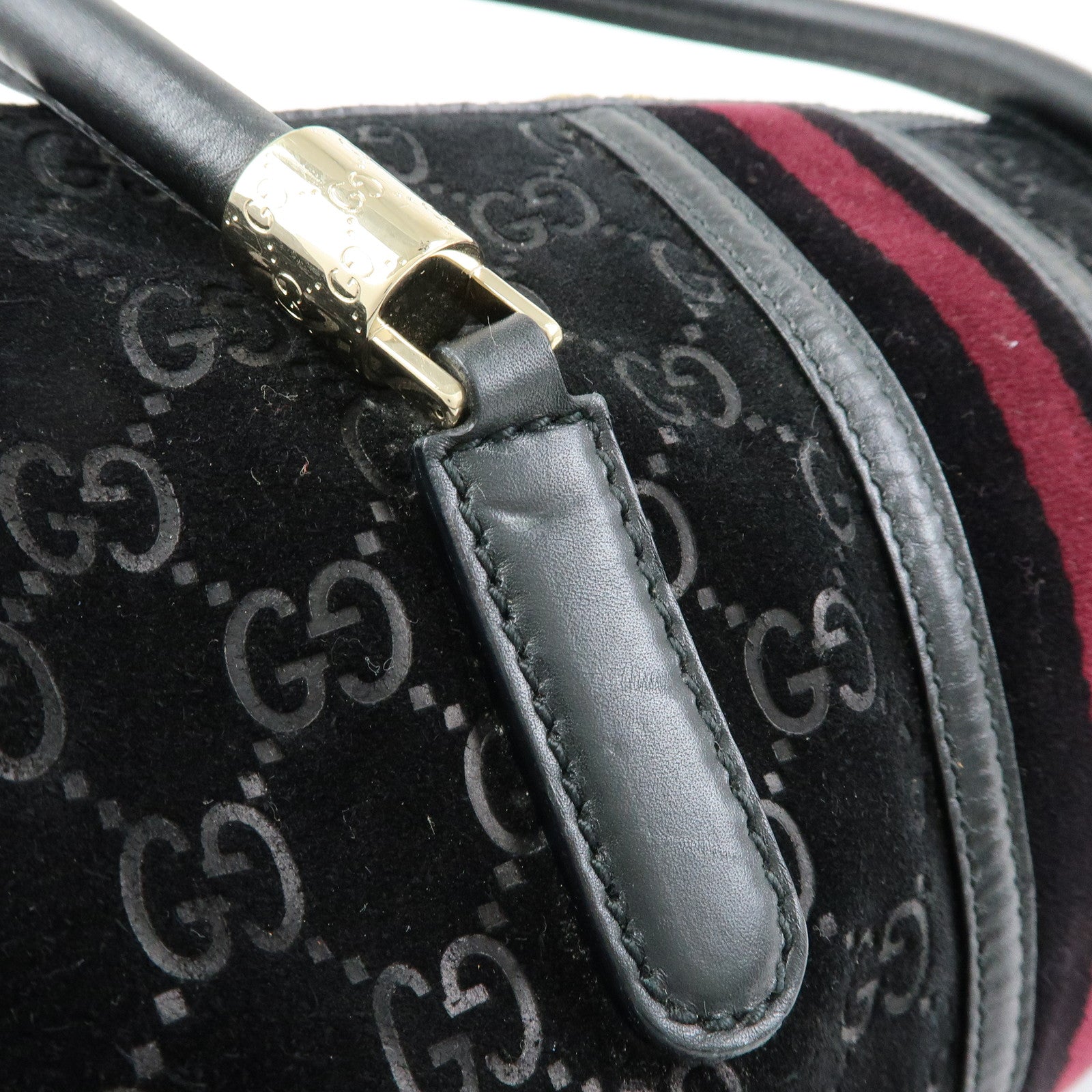 GUCCI GG Suede Leather Boston Bag Hand Bag Black Bordeaux 162739