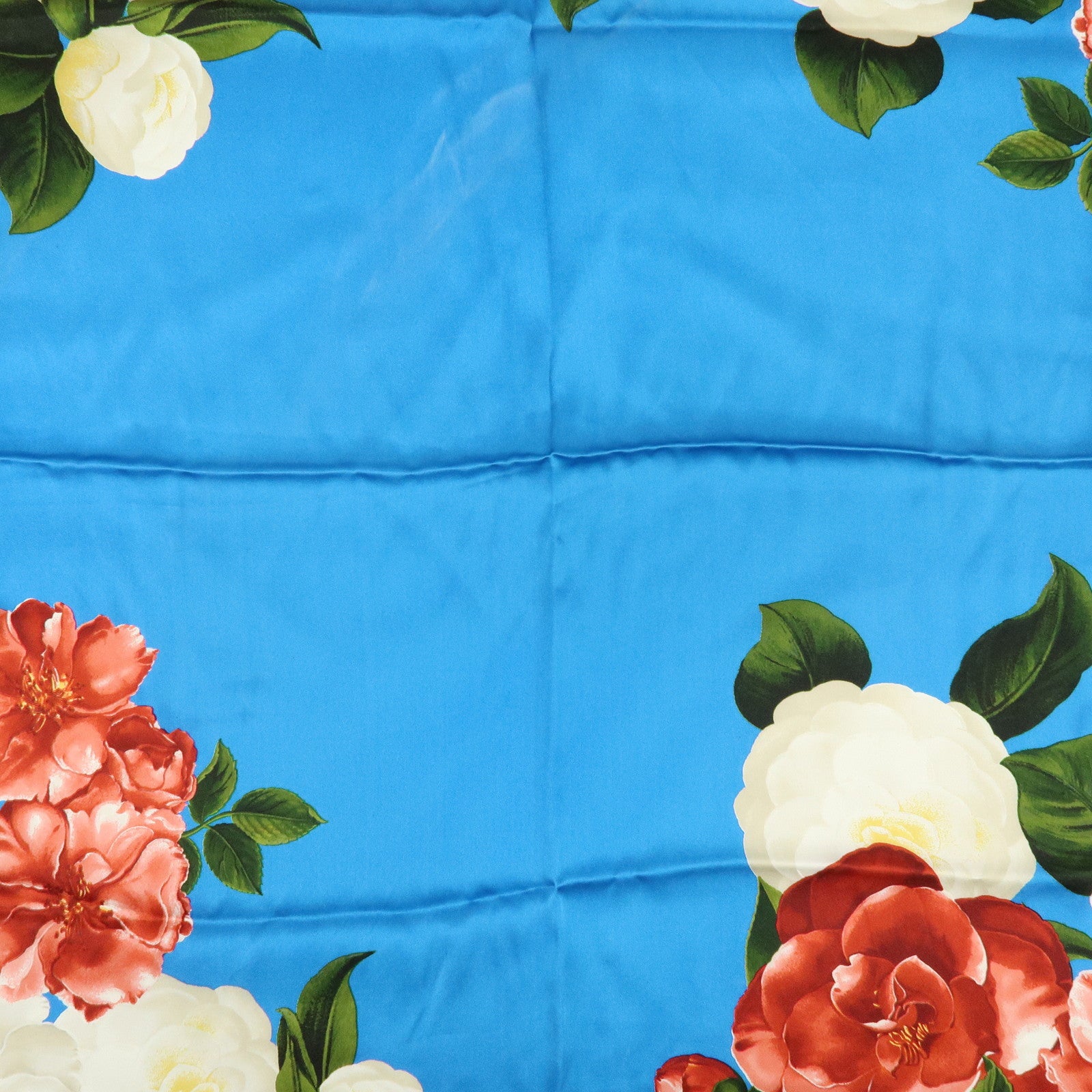 CHANEL Silk 100% Scarf Camellia Flower Motif Blue Gold Red