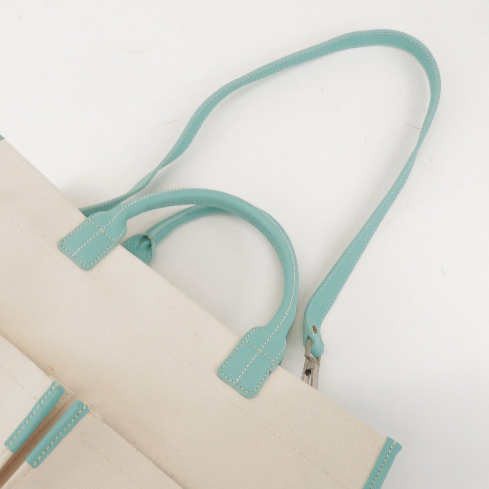 Tiffany & Co Jitney Canvas Leather 2Way Bag Tote Bag Natural Blue