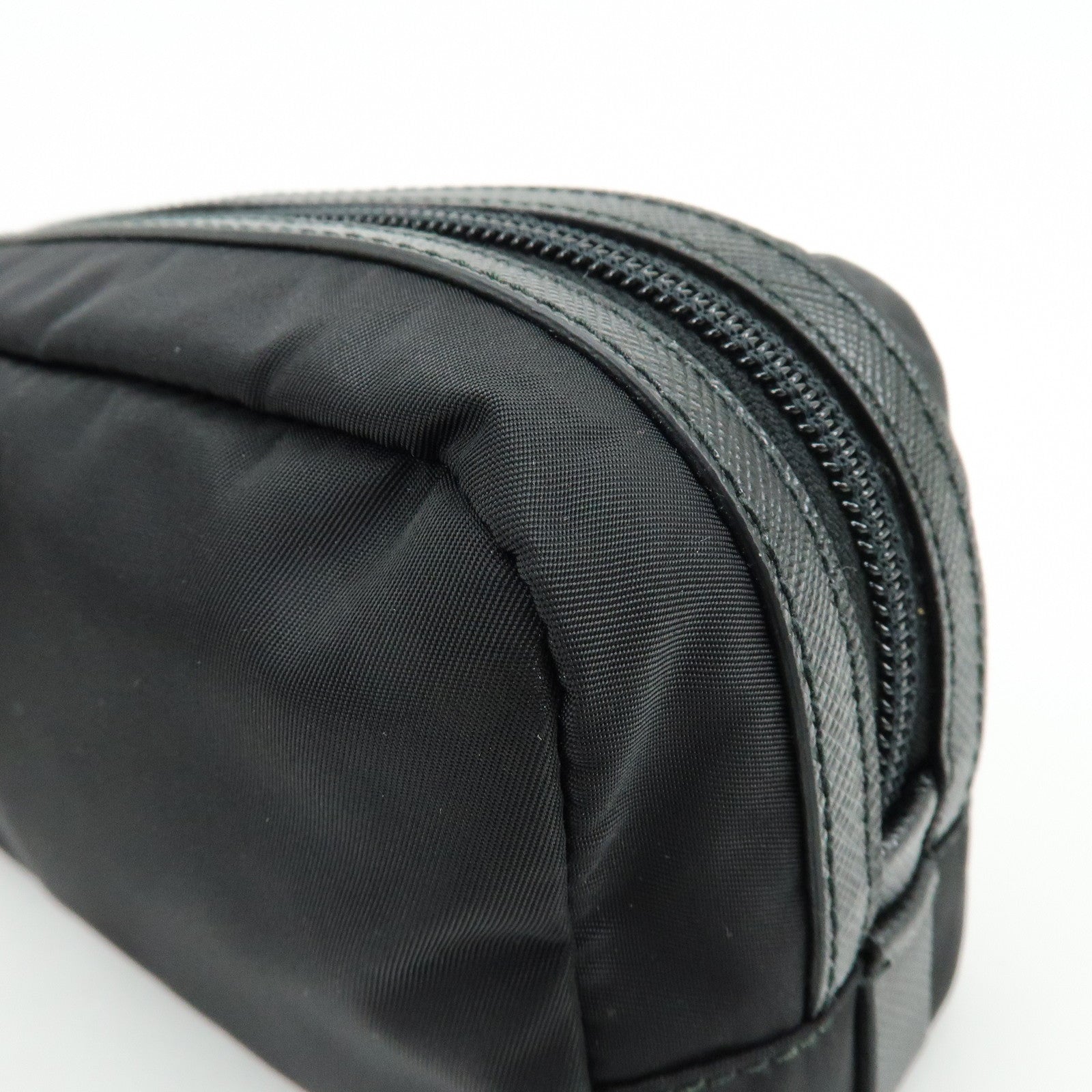 PRADA Triangle Logo Nylon Saffiano Leather Pouch Black