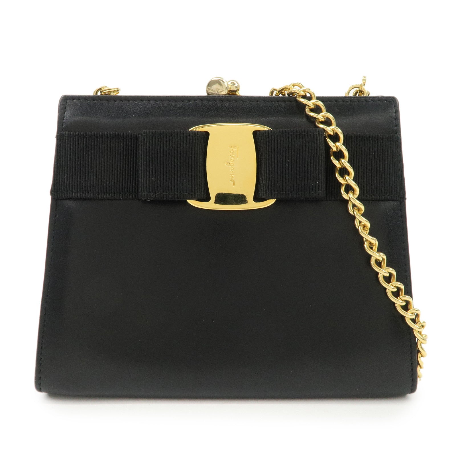 Ferragamo Vara Leather Ribbon Mini Chain Shoulder Bag Black Used