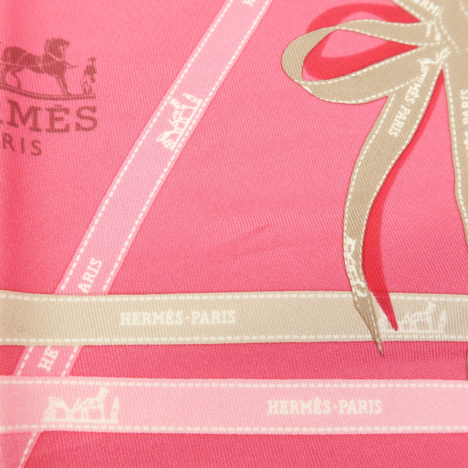 HERMES Pointu Silk 100% Scarf Ribbon Print Pink Beige