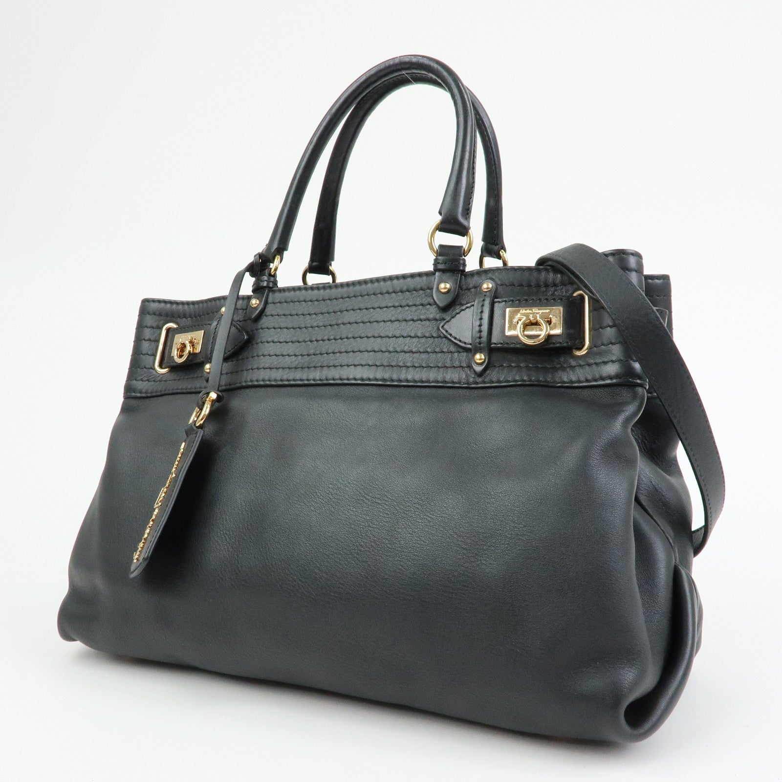 Ferragamo Gancini Leather Tote Bag Hand Bag Black