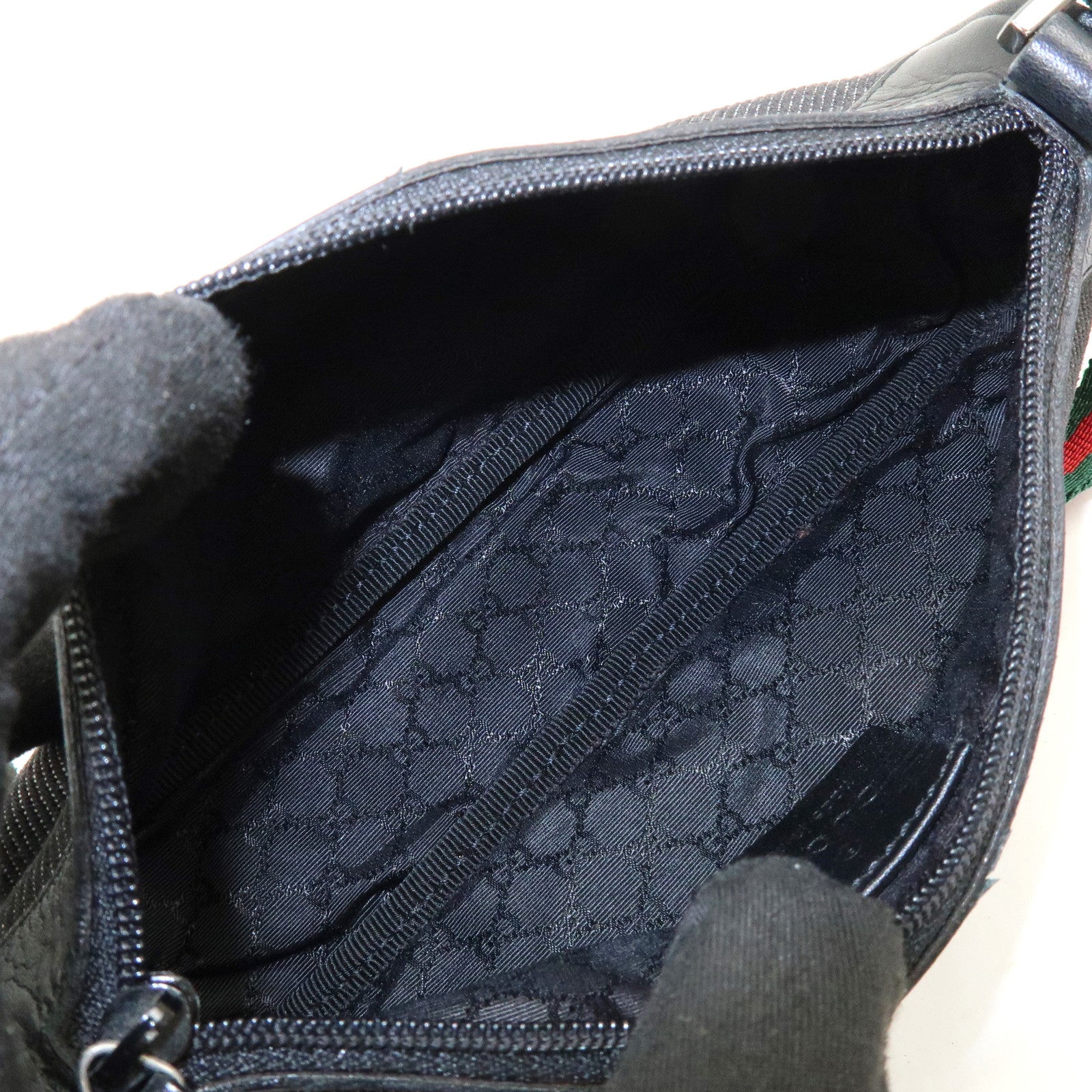 GUCCI Sherry Denim Leather Accessory Pouch Hand Bag Black 92820