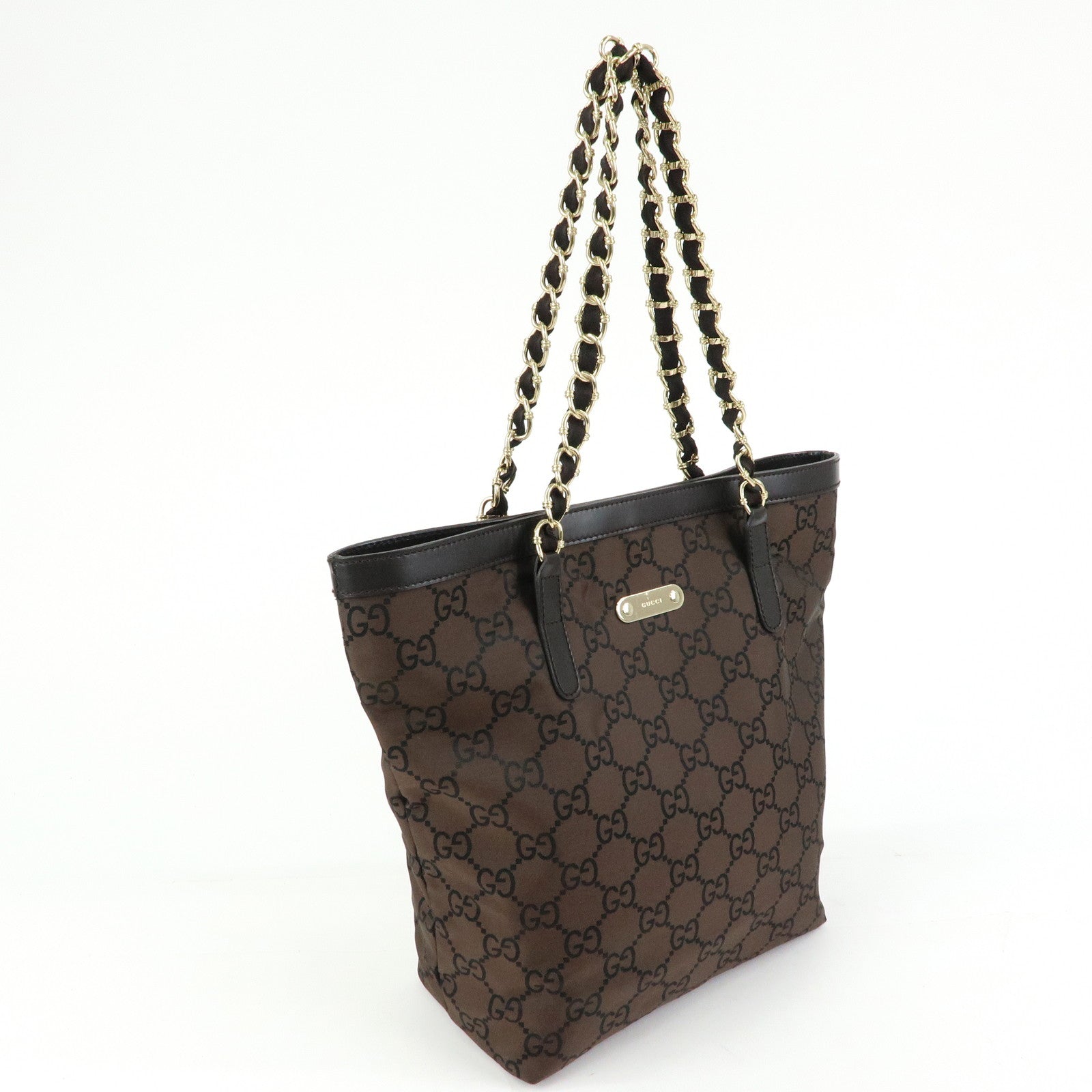 GUCCI GG Nylon Leather Chain Tote Bag Shoulder Bag Brown 196750