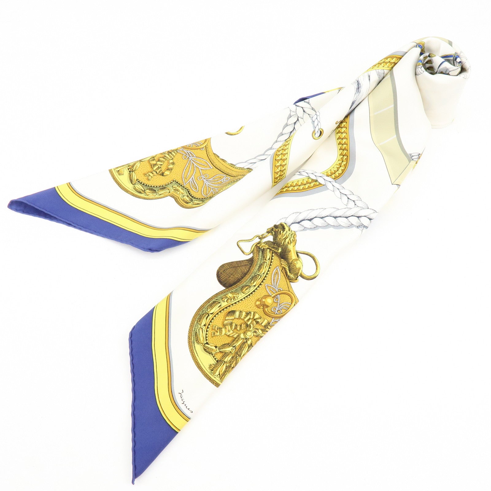 HERMES Carre 90 Silk 100% Scarf GRAND APPARAT Navy White Gold