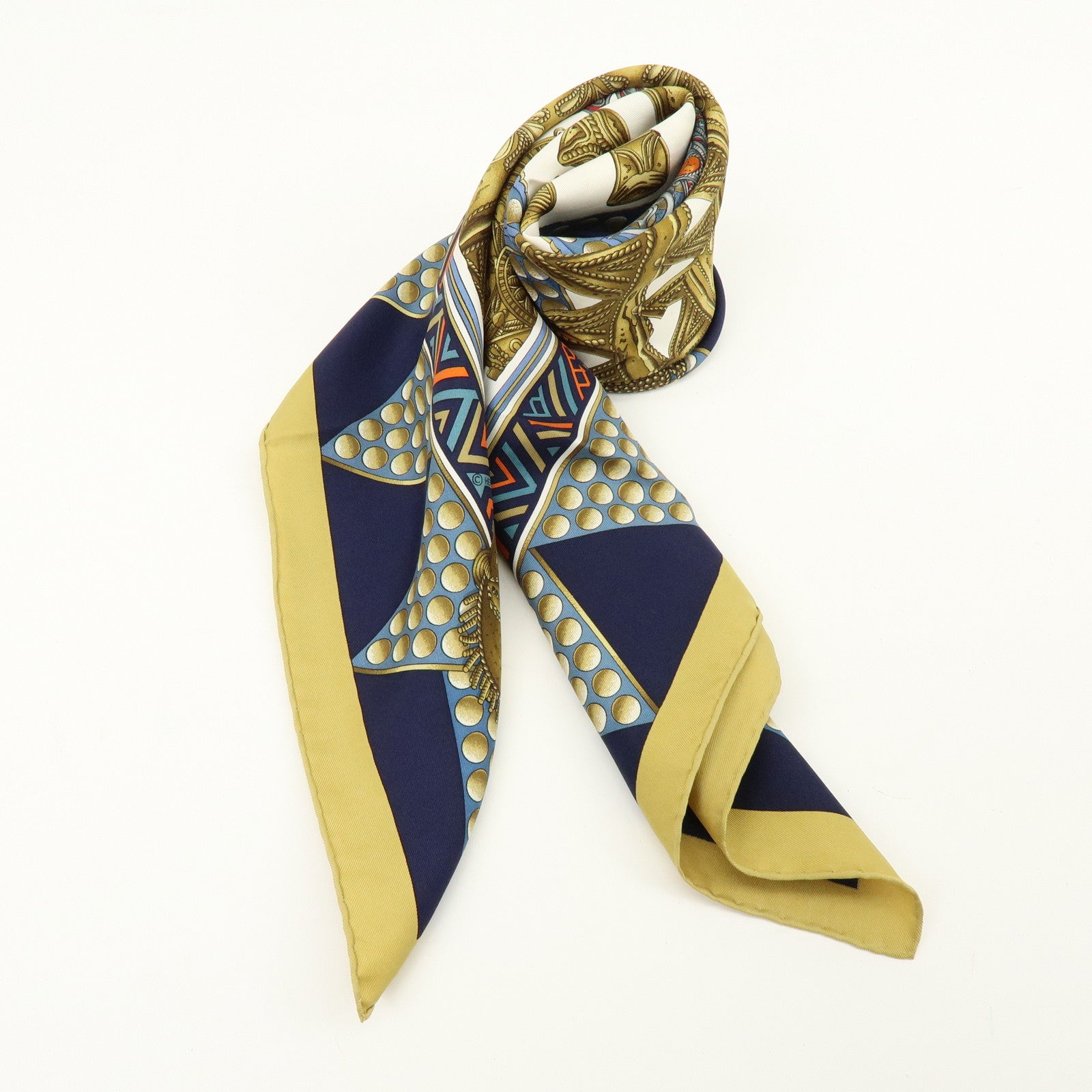 HERMES Carre 90 Silk 100% Scarf L'OR DES CHEFS Gold Navy