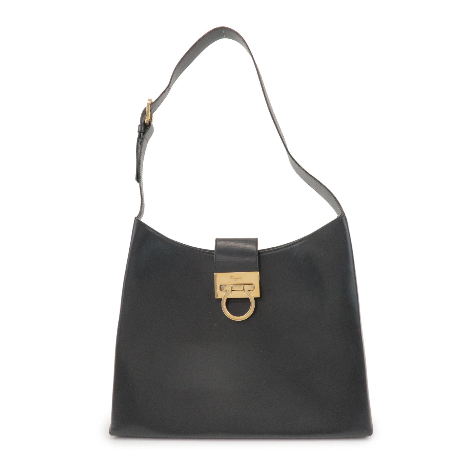 Ferragamo Gancini Calf Leather Shoulder Bag Hand Bag Black