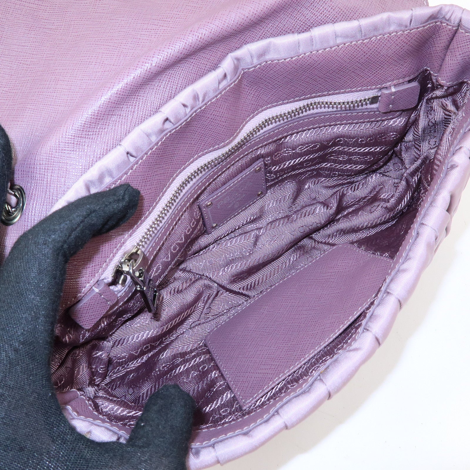 PRADA Tessuto Gaufre Nylon Leather Chain Shoulder Bag Light Purple