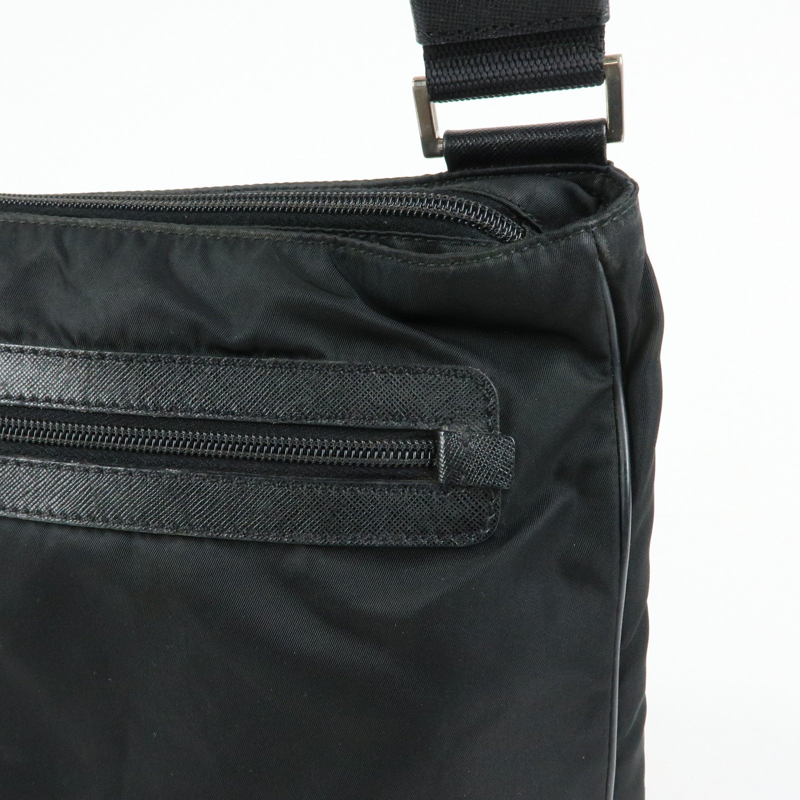 PRADA Triangle Logo Nylon Saffiano Leather Shoulder Bag Black