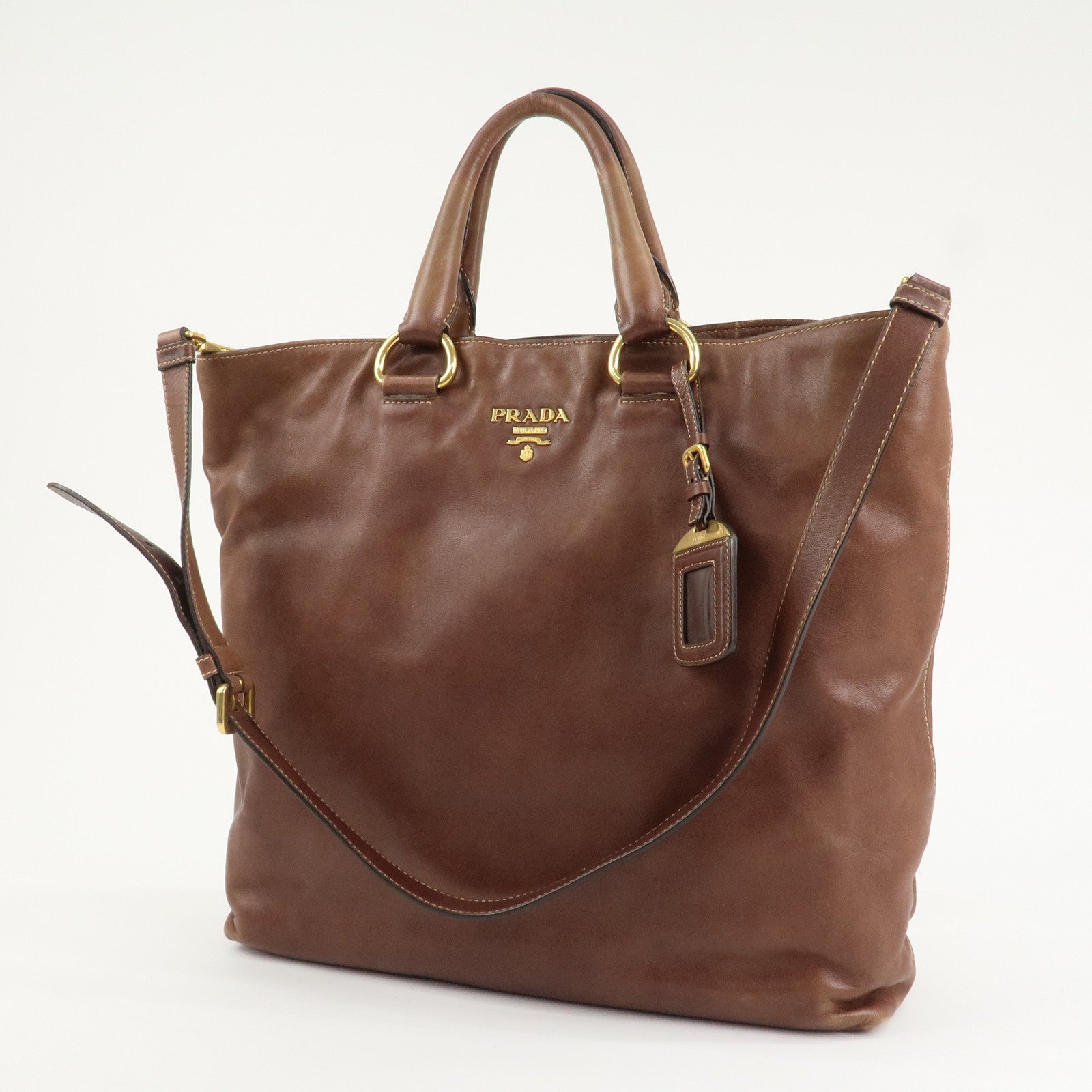 PRADA Logo Leather 2way Shoulder Bag Tote Bag Gold HDW Brown Used