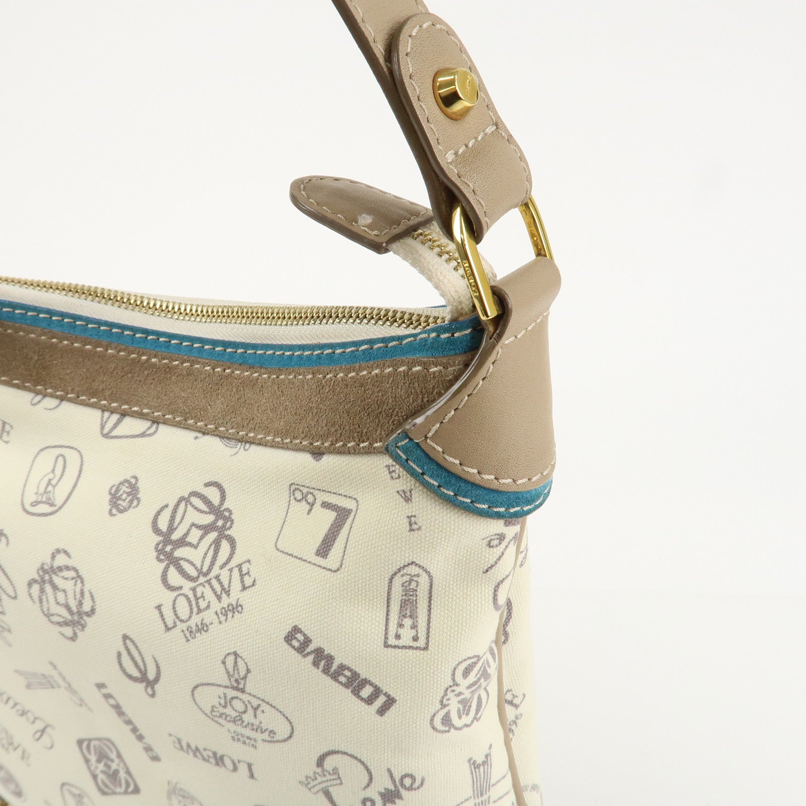 LOEWE Anagram Canvas Suede Leather Shoulder Bag Beige Blue Used