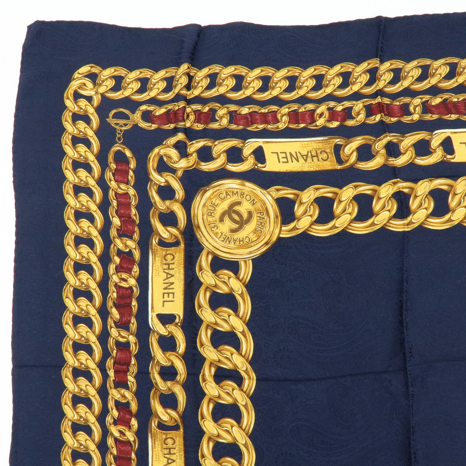 CHANEL COCO Mark Silk 100% Scarf Chain Motif Navy Gold