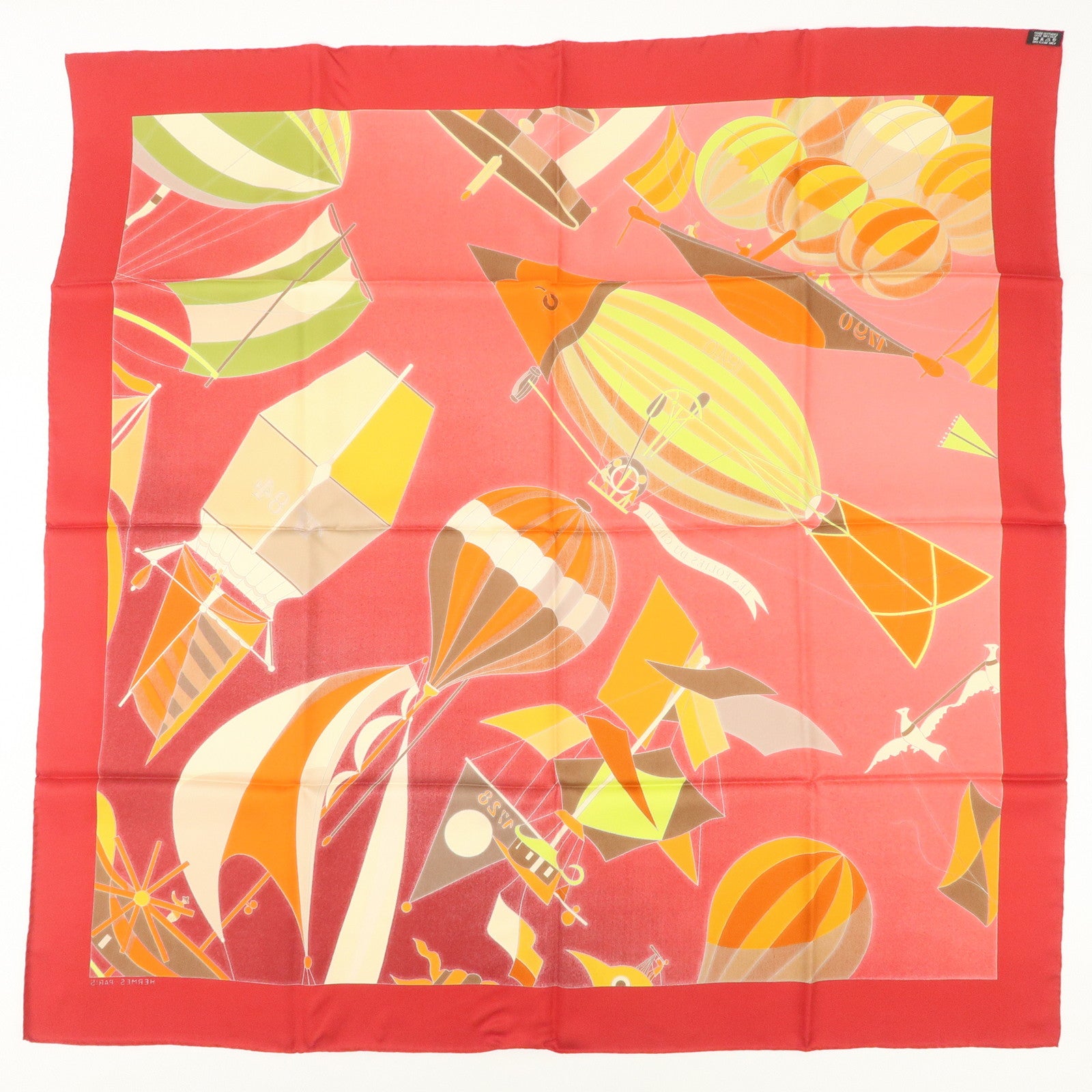 HERMES Carre 90 Silk 100% Scarf LES FOLIES DU CIEL Red Orange
