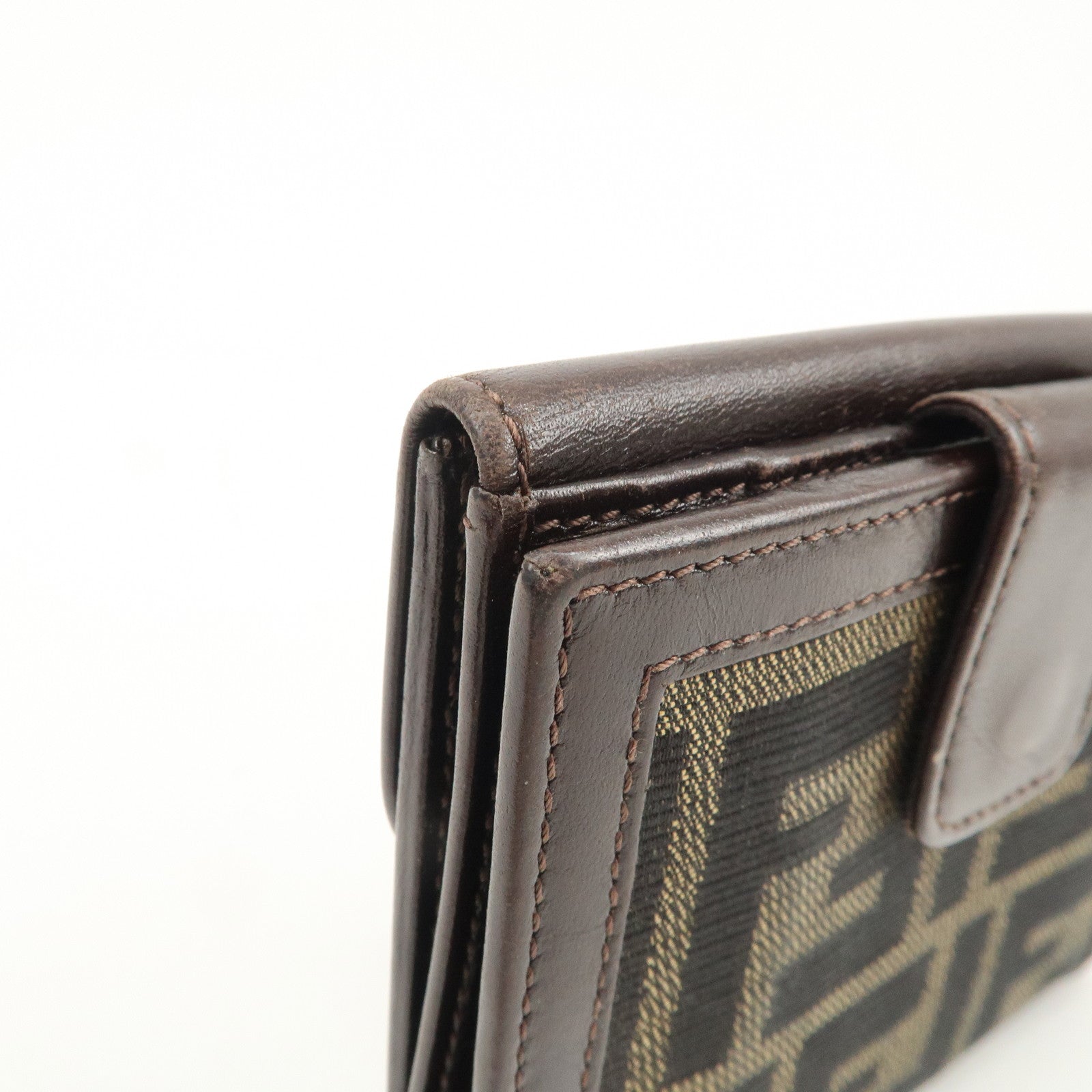 FENDI Zucca Logo Canvas Leather Compact Wallet Brown 12671